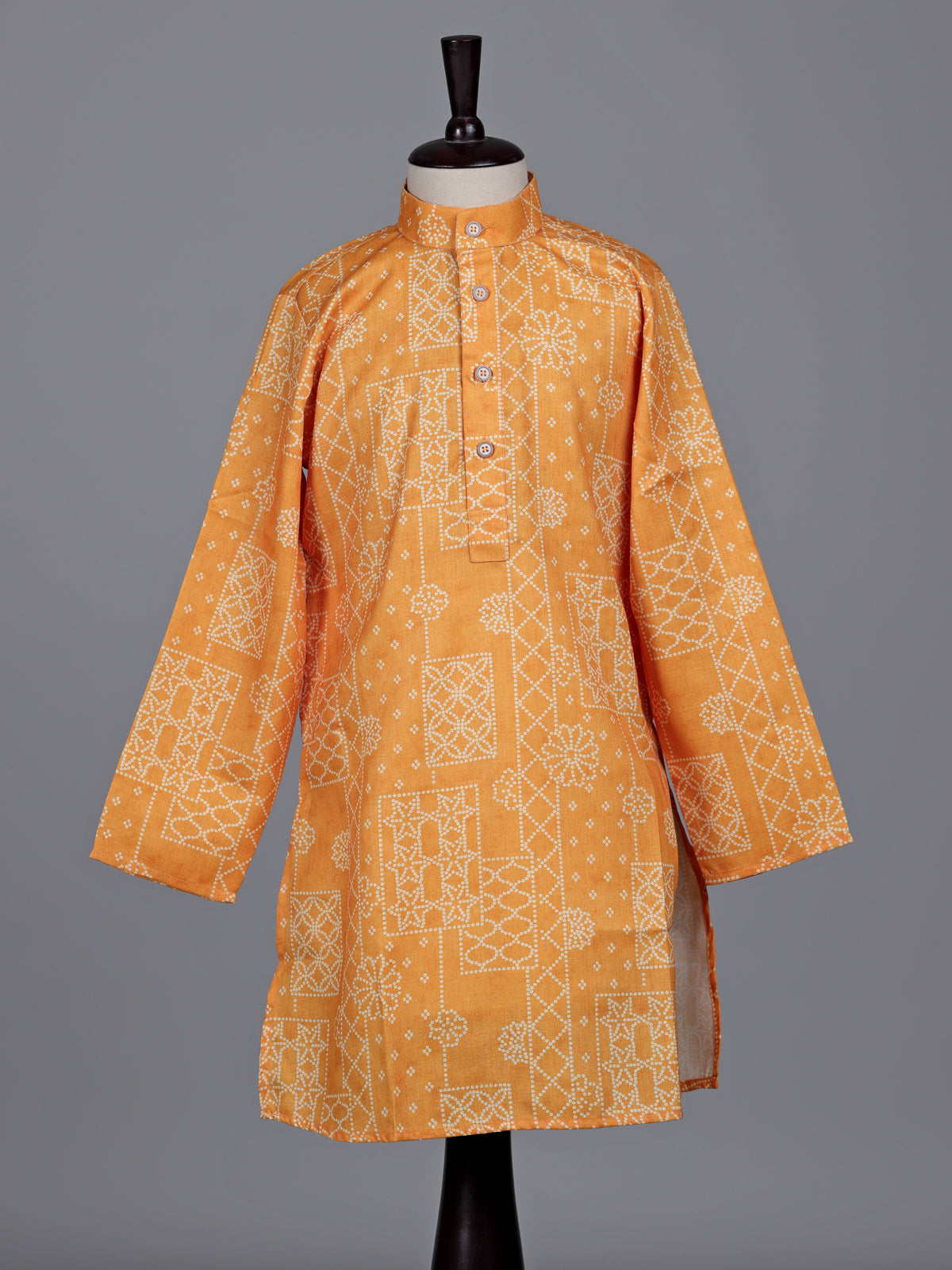 Light orange boys linen kurta suit with bandhani print