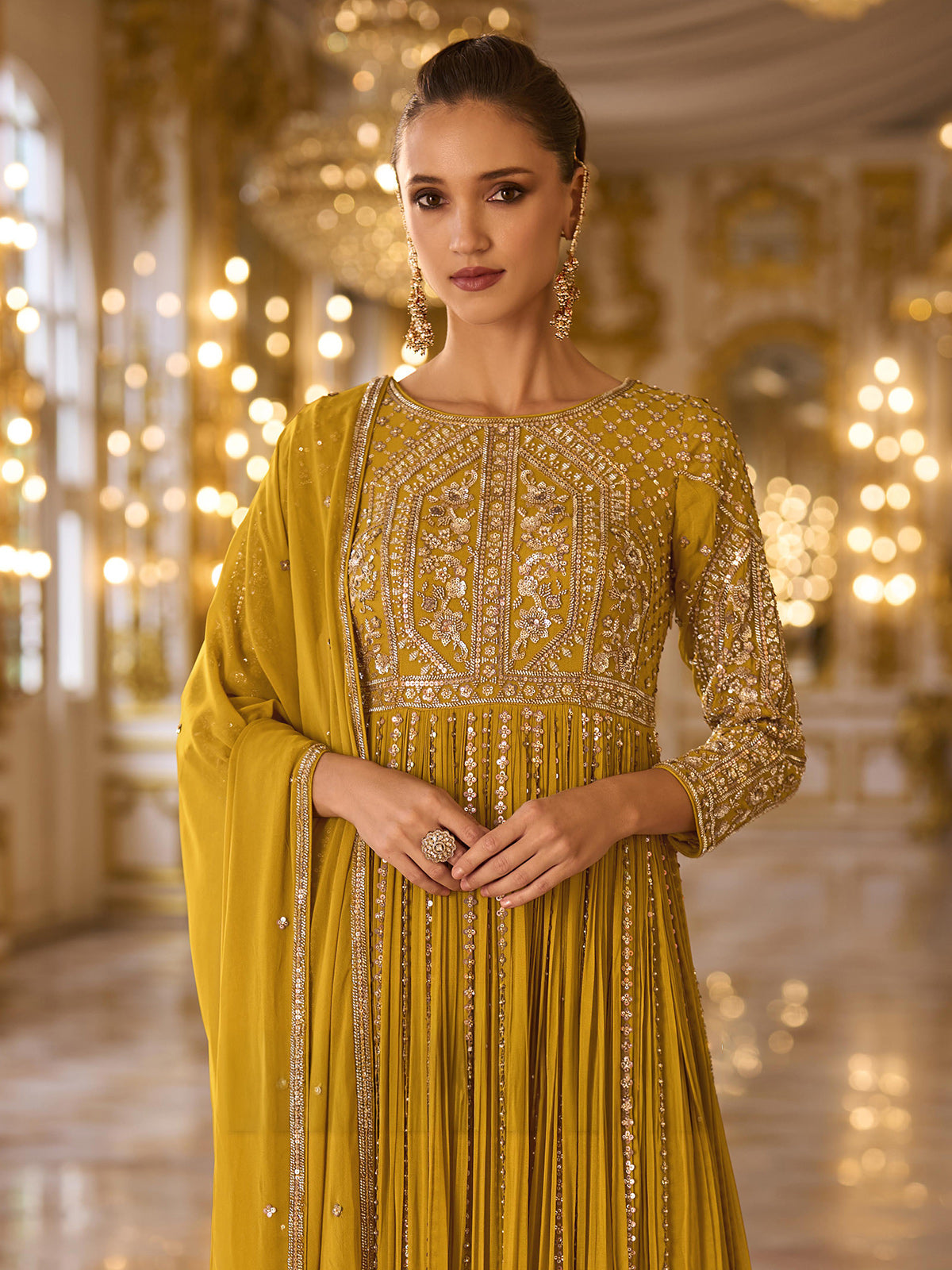 Mustard yellow regal mughal womens floor suit