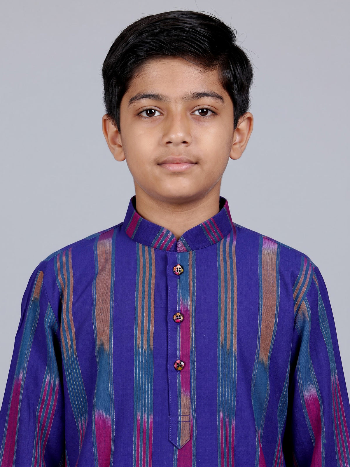Royal blue boys cotton silk kurta suit with stripe print