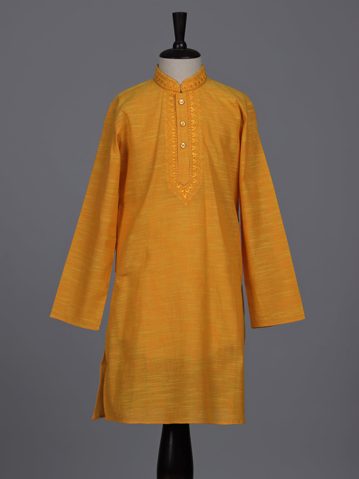 Mustard yellow boys cotton linen kurta suit with thread weaving