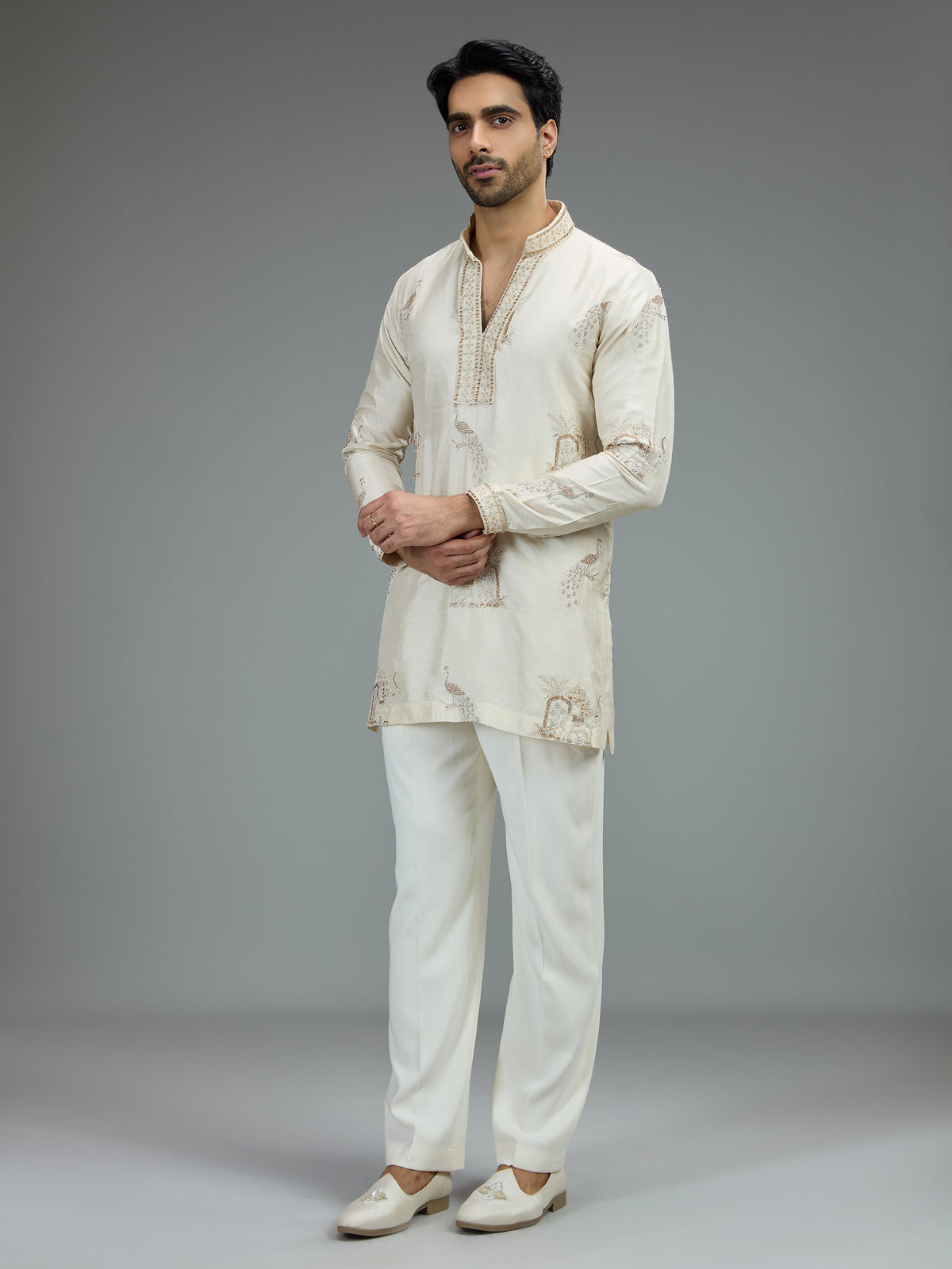 Cream stylish mens kurta pajama with zardosi work
