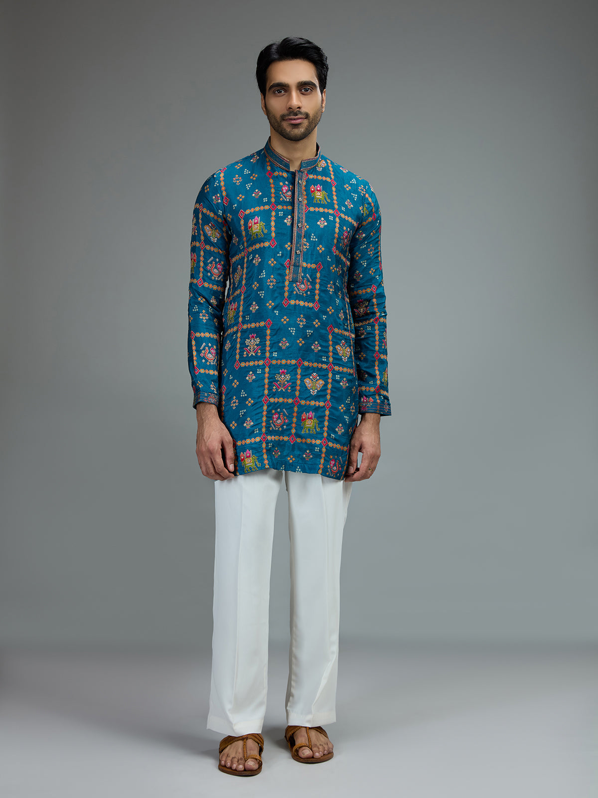 Blue heritage mens kurta pajama with resham motifs