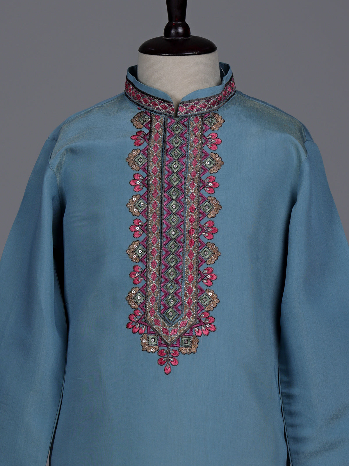 Sky blue boys silk blend kurta suit with floral dupatta