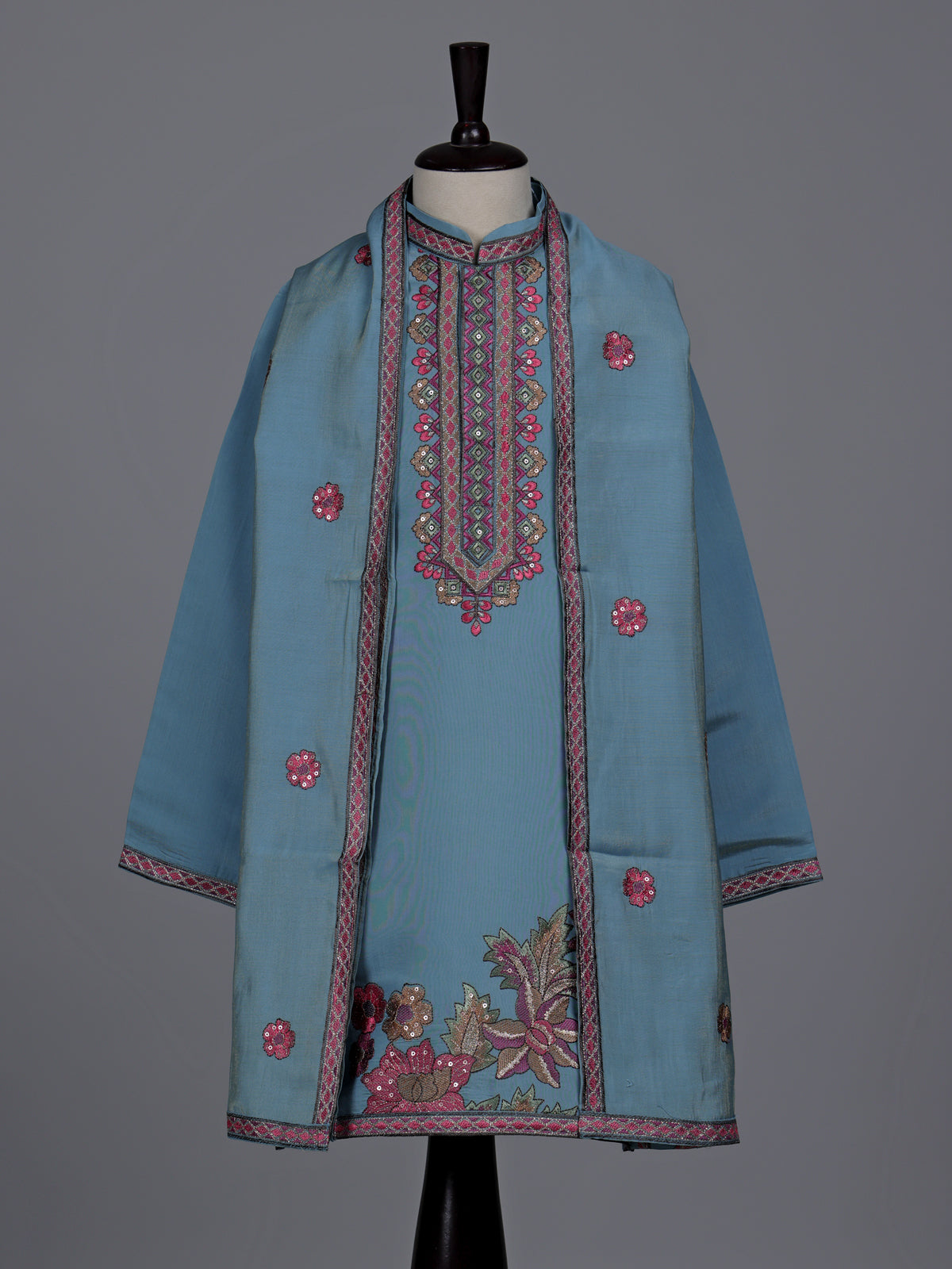 Sky blue boys silk blend kurta suit with floral dupatta