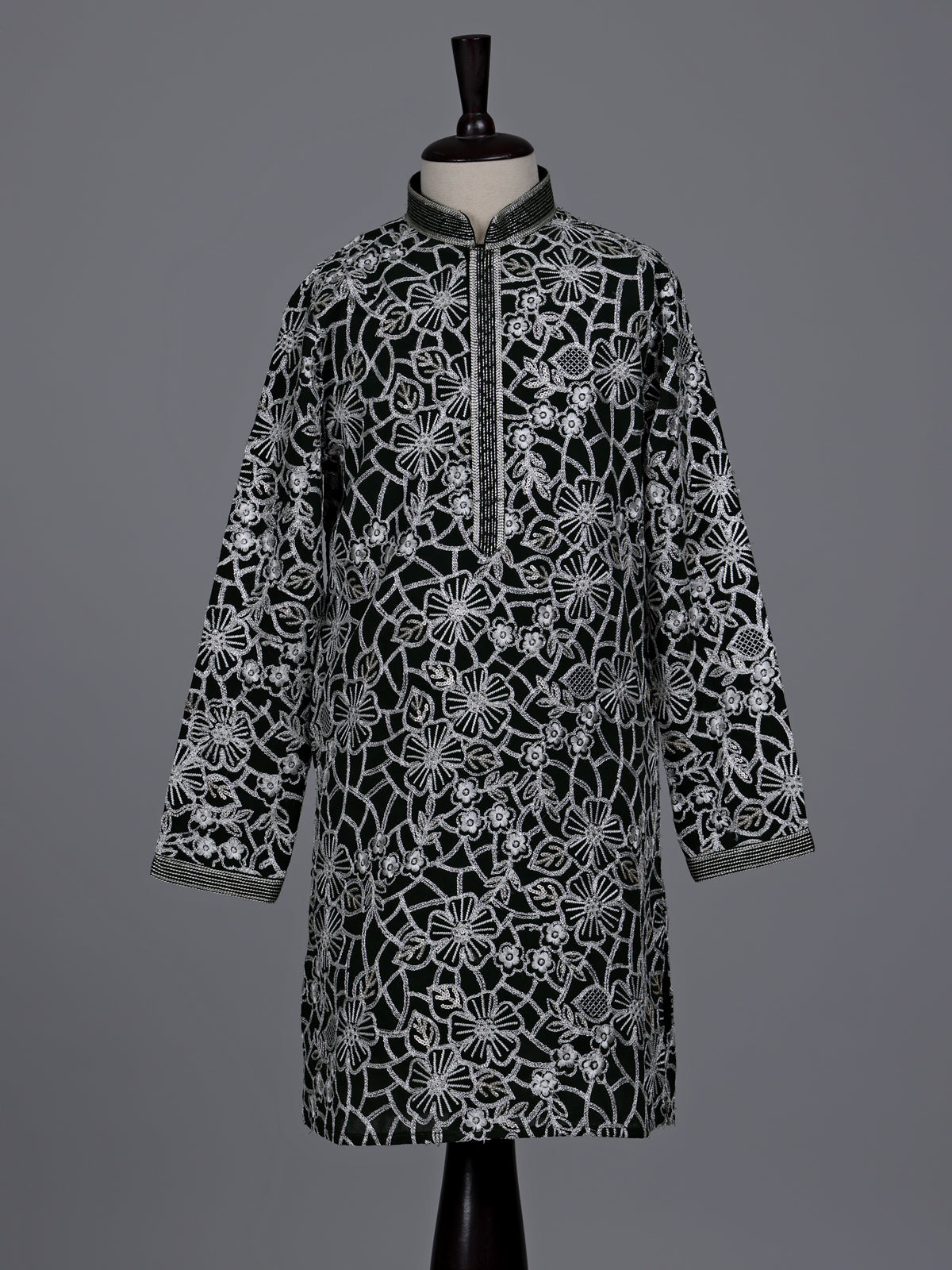 Black boys georgette kurta suit with floral thread and sequins work