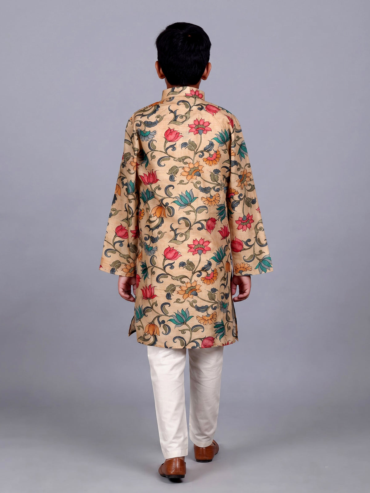 Beige boys linen silk kurta suit with digital floral print