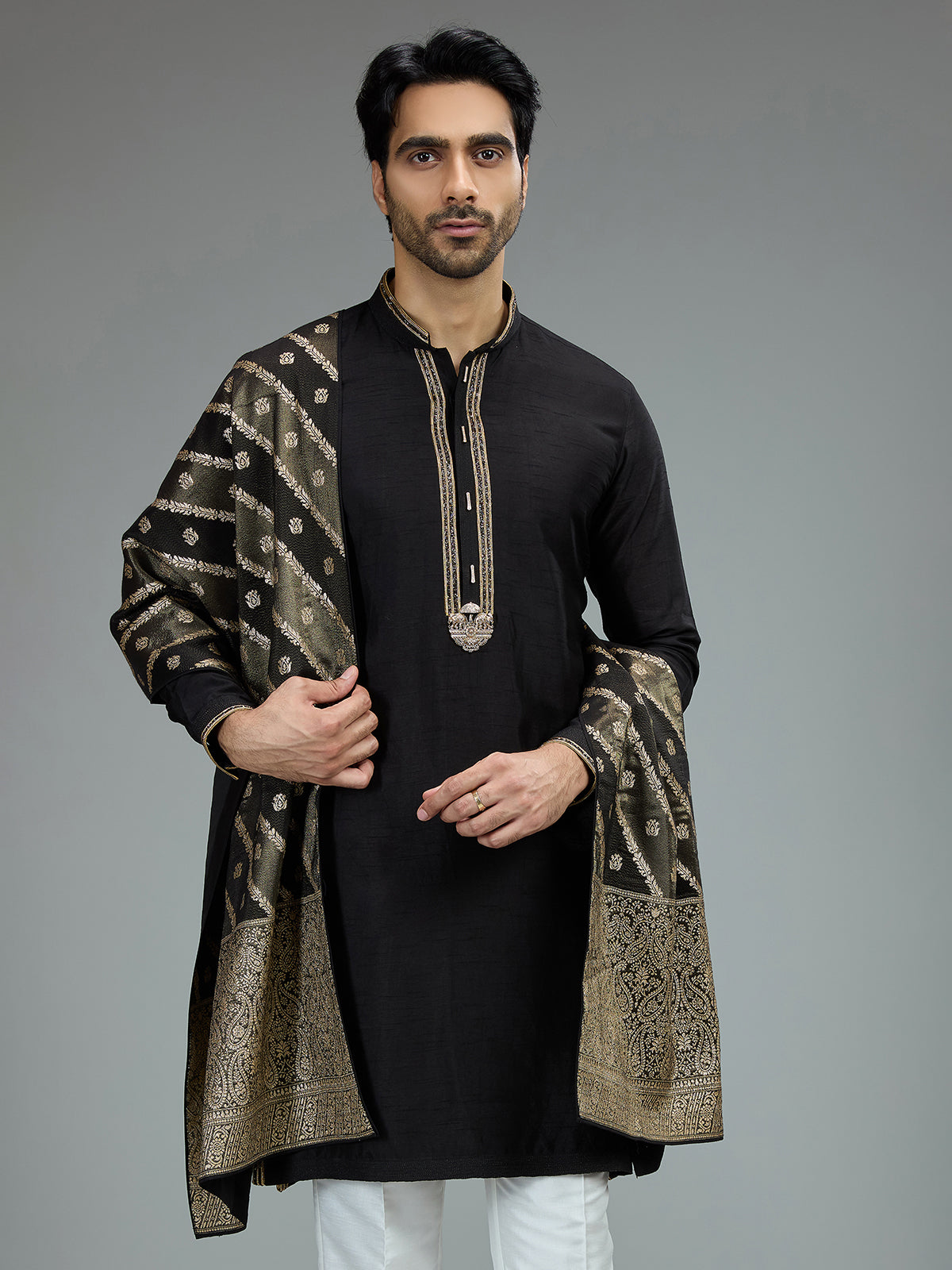 Black antique gold kurta pajama set for men