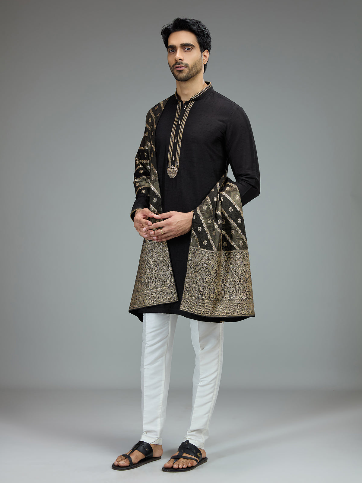 Black antique gold kurta pajama set for men
