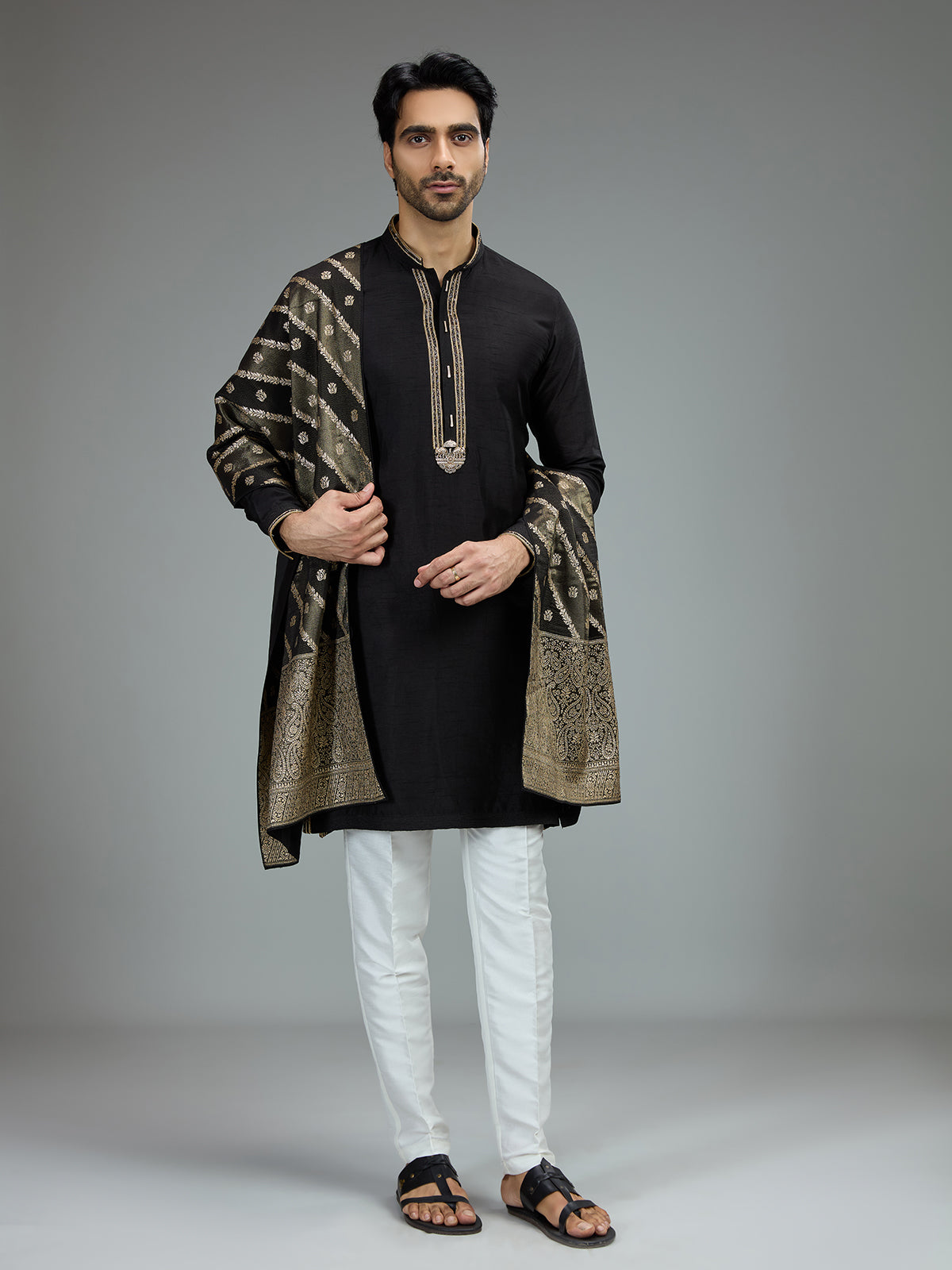 Black antique gold kurta pajama set for men