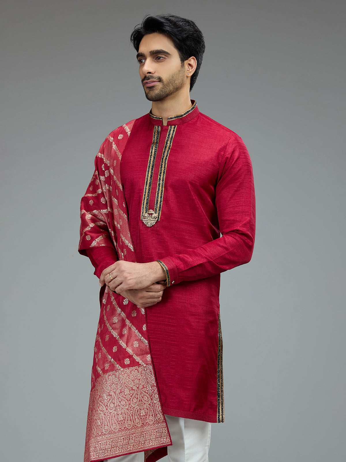 Red antique gold kurta pajama set for men