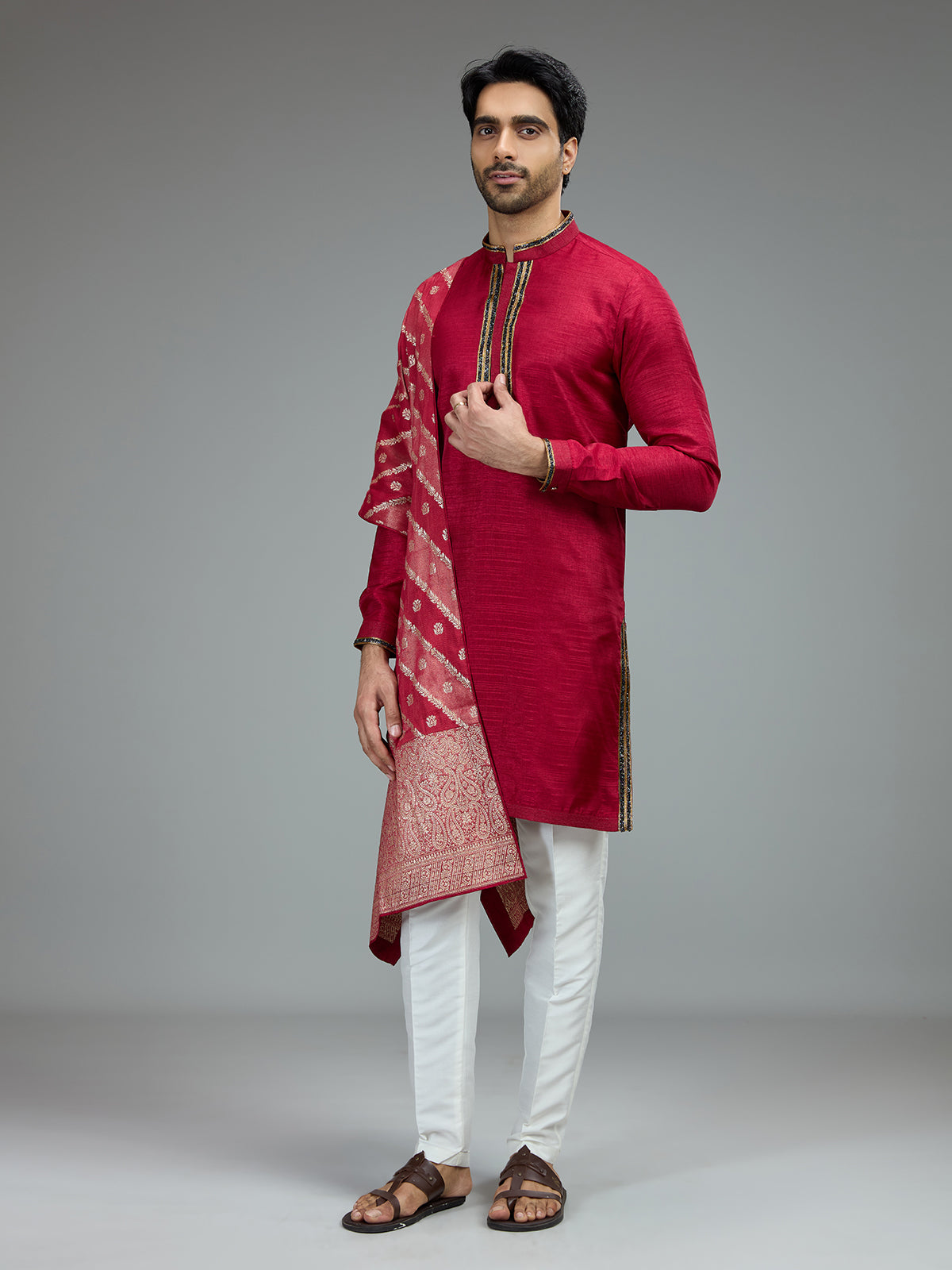 Red antique gold kurta pajama set for men