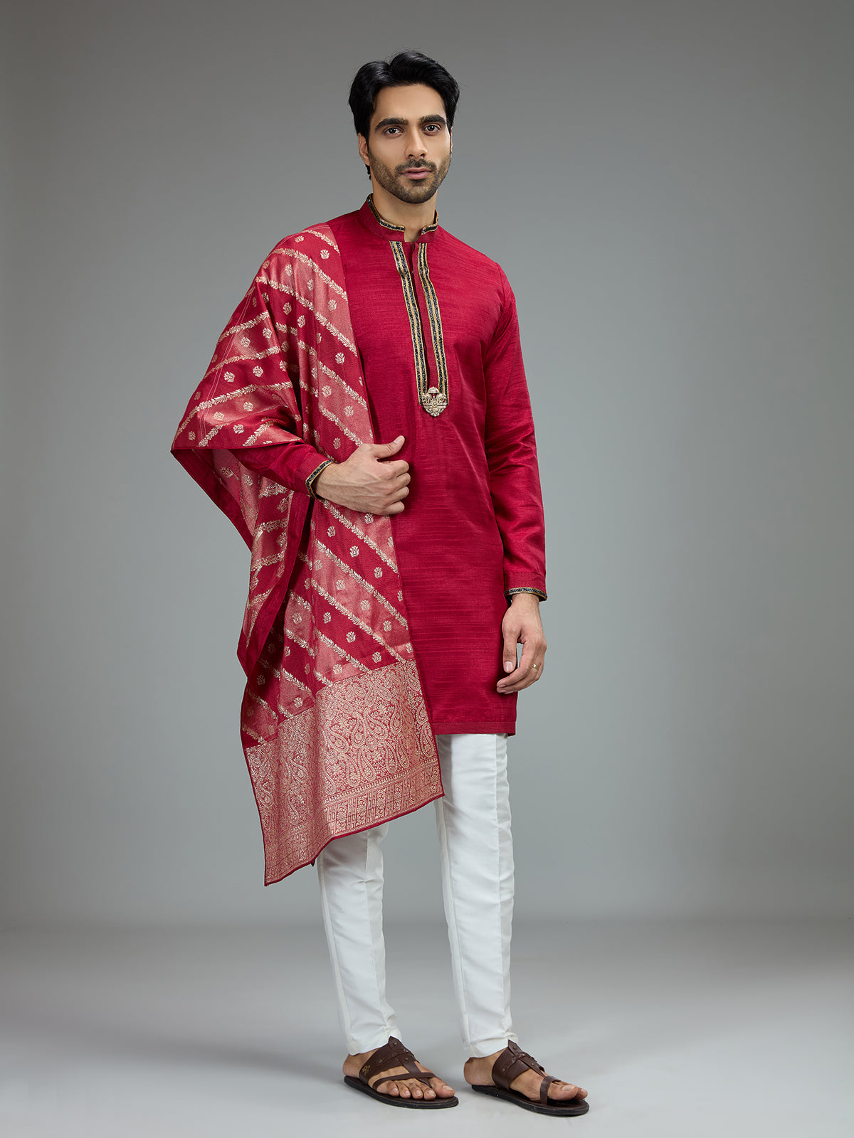 Red antique gold kurta pajama set for men