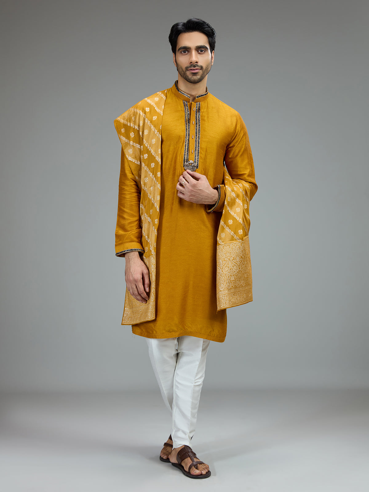 Mustard yellow cutdana kurta pajama for men