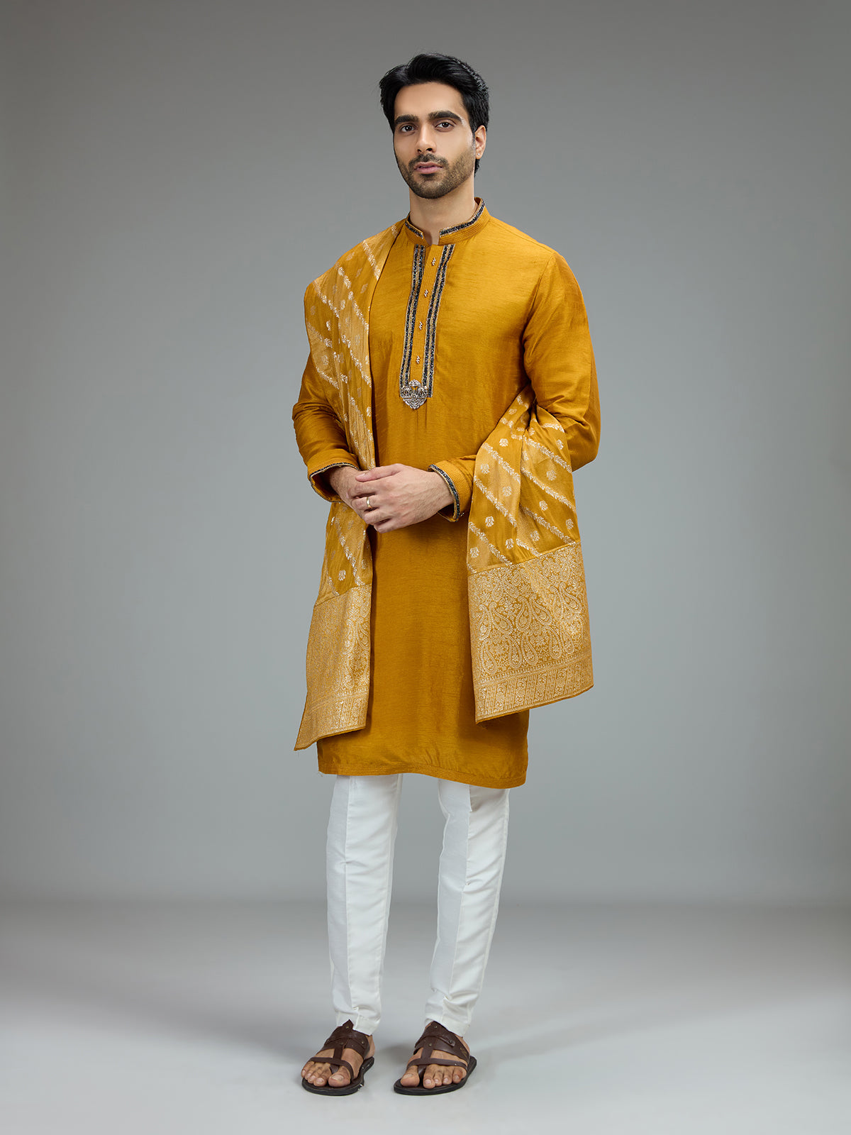 Mustard yellow cutdana kurta pajama for men