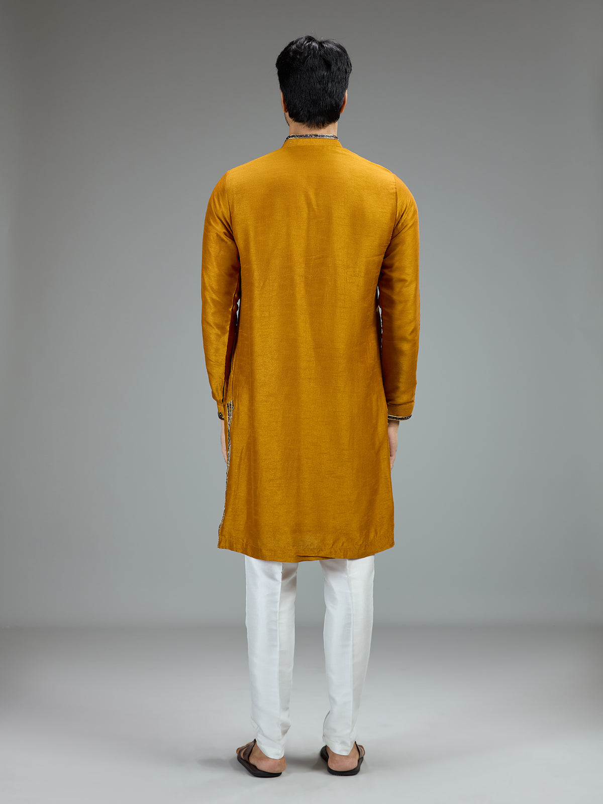 Mustard yellow cutdana kurta pajama for men