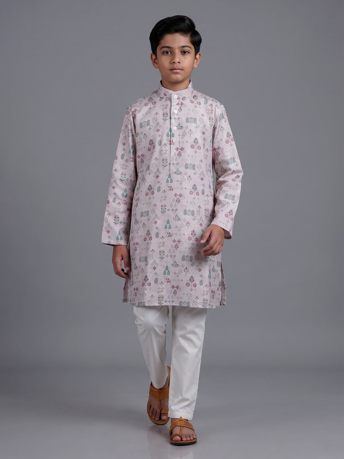 Beige boys linen silk kurta suit with floral thread motifs