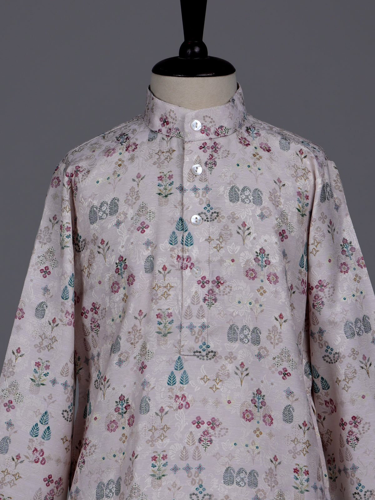 Beige boys linen silk kurta suit with floral thread motifs
