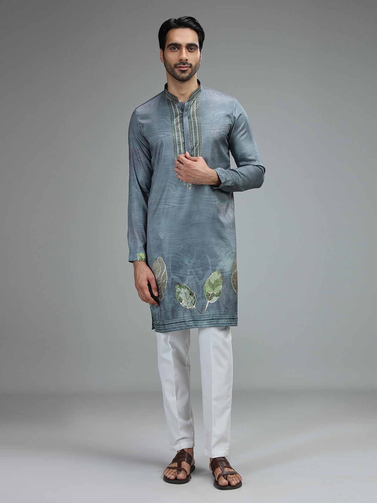 Pastel grey printed gota kurta suit for men