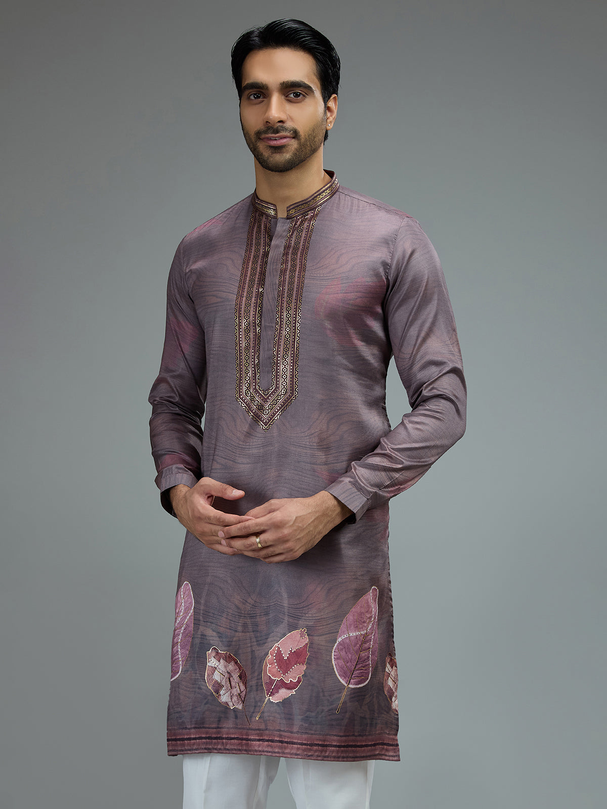 Purple printed gota embroidered kurta pajama for men