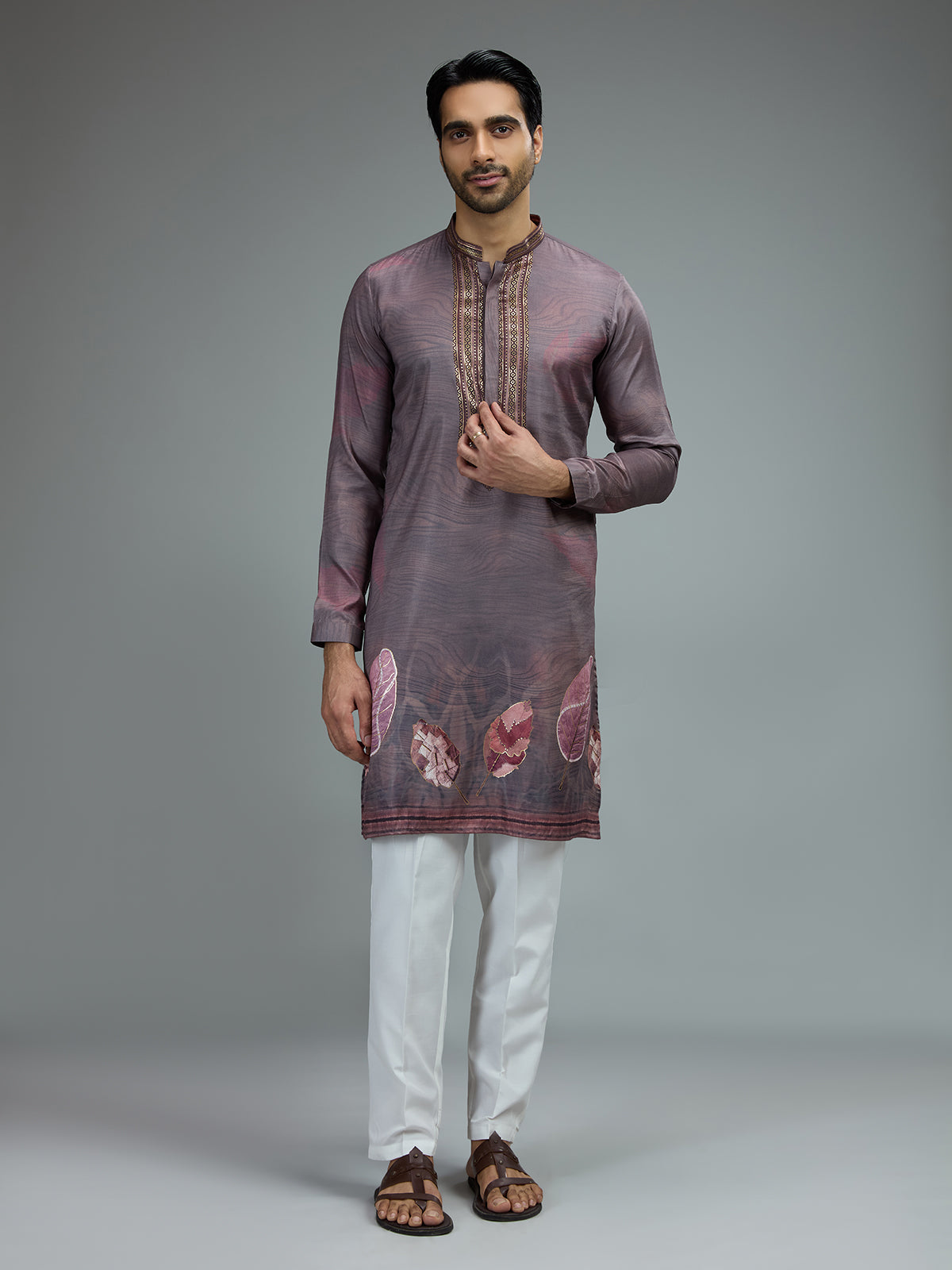 Purple printed gota embroidered kurta pajama for men