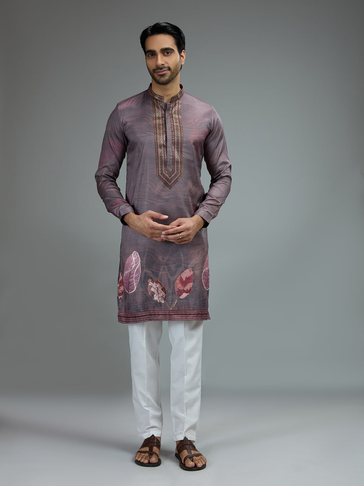 Purple printed gota embroidered kurta pajama for men