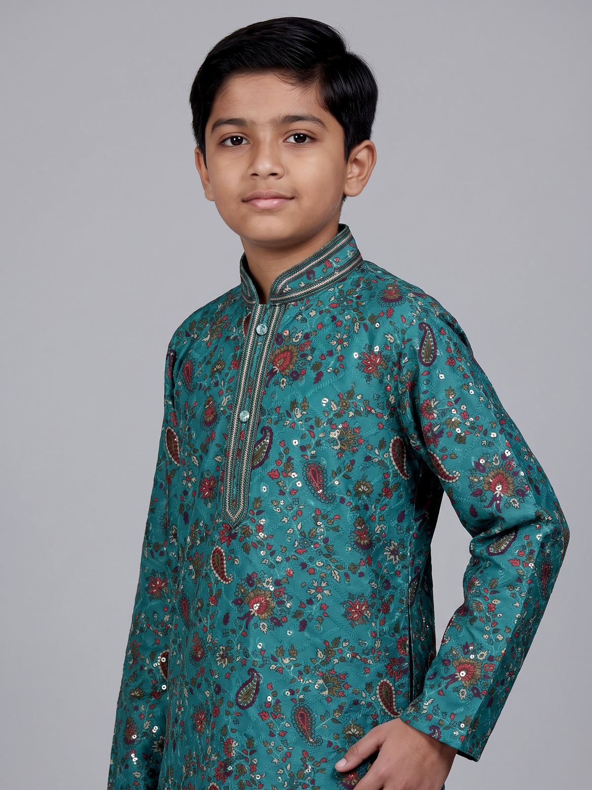 Teal green boys cotton kurta suit with floral printed