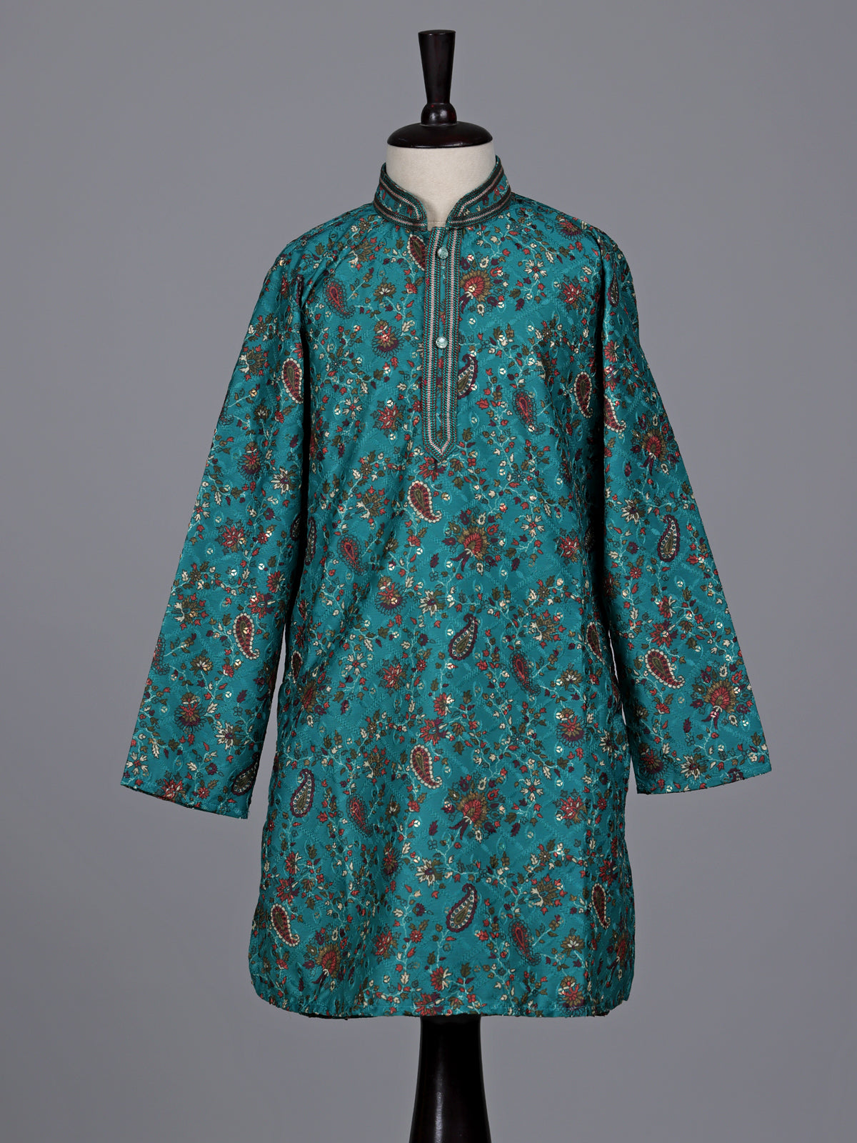 Teal green boys cotton kurta suit with floral printed