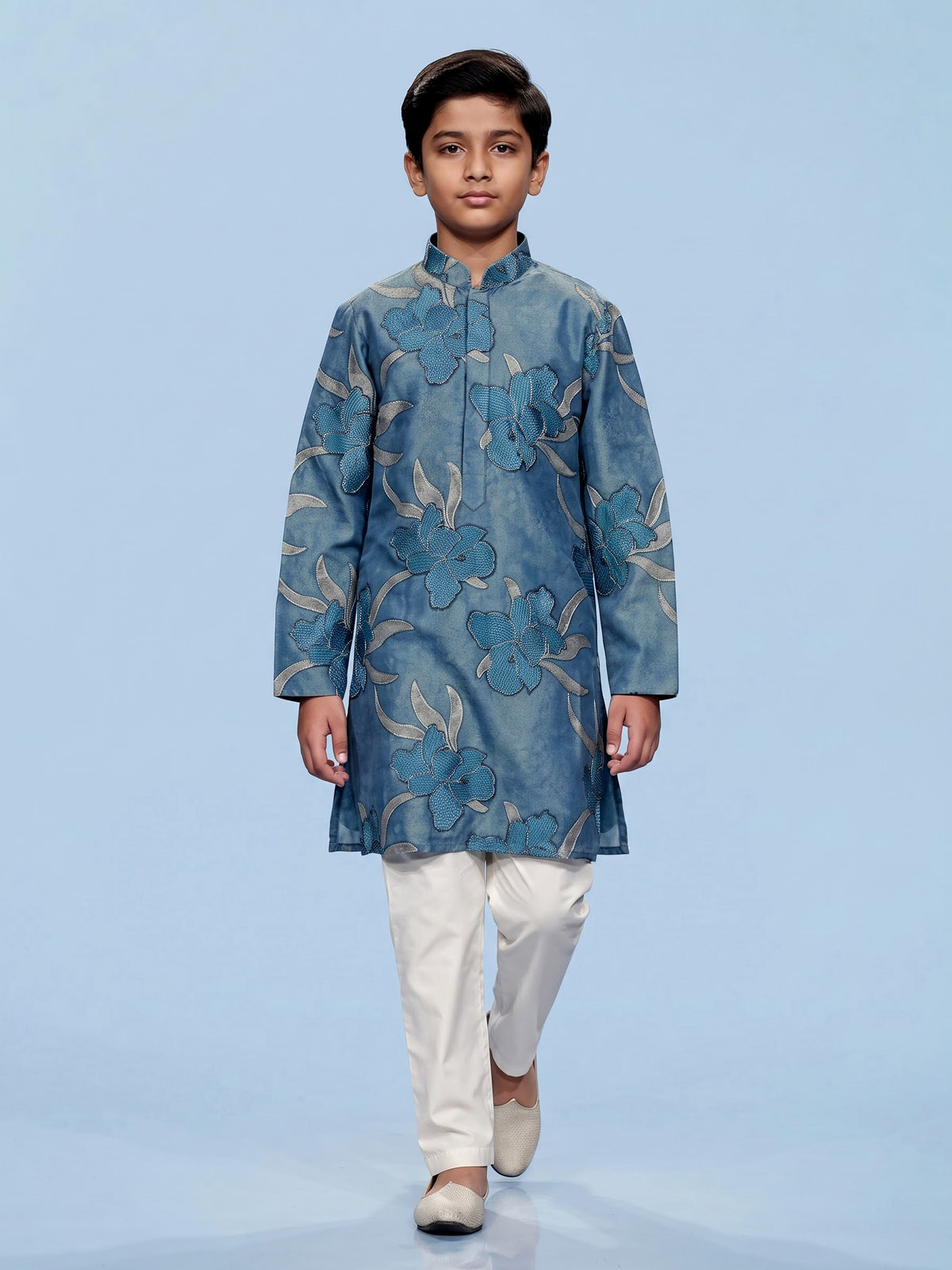 Stone blue boys silk kurta suit with floral thread detailing