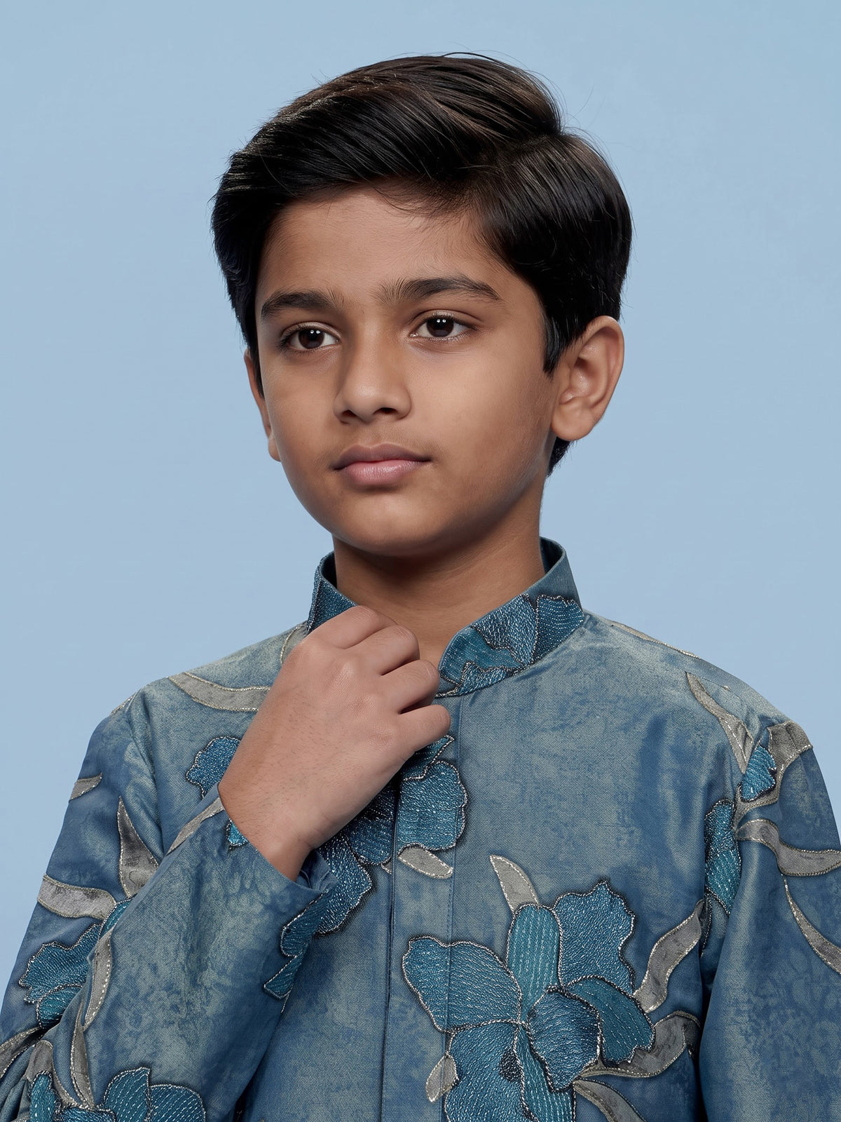 Stone blue boys silk kurta suit with floral thread detailing