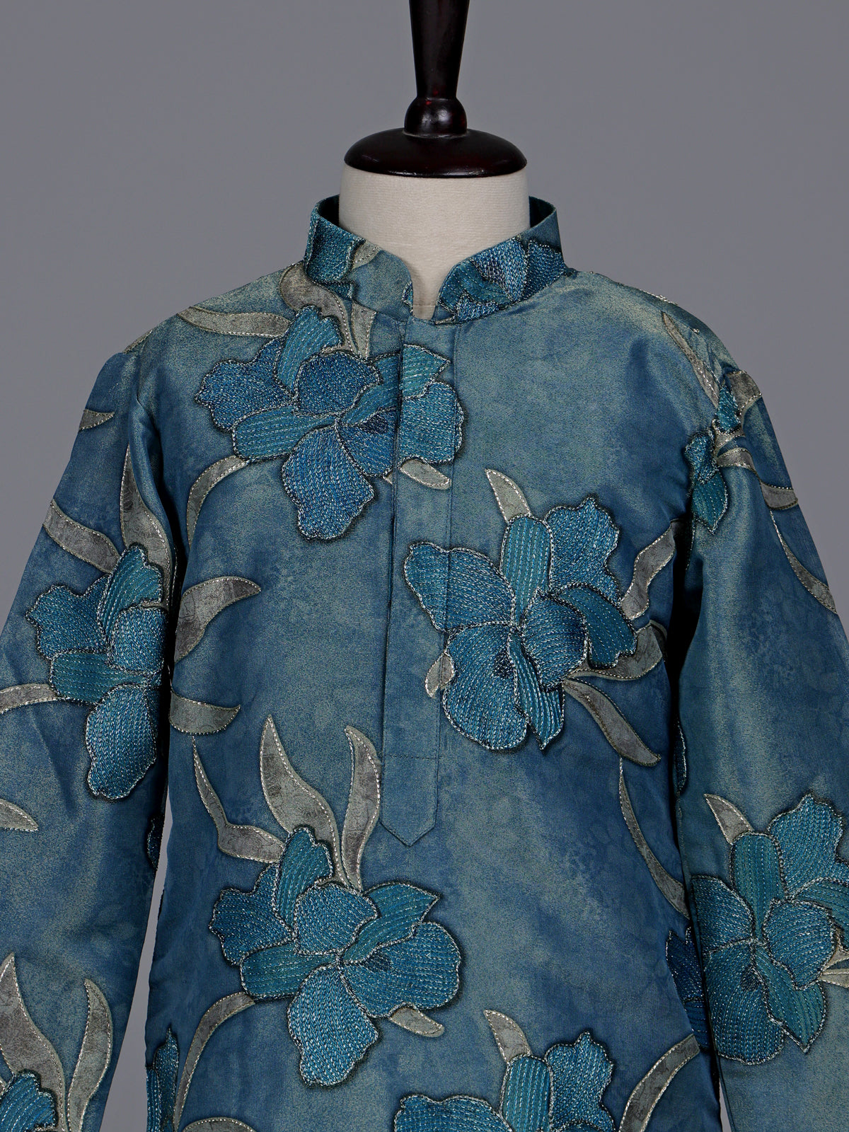 Stone blue boys silk kurta suit with floral thread detailing