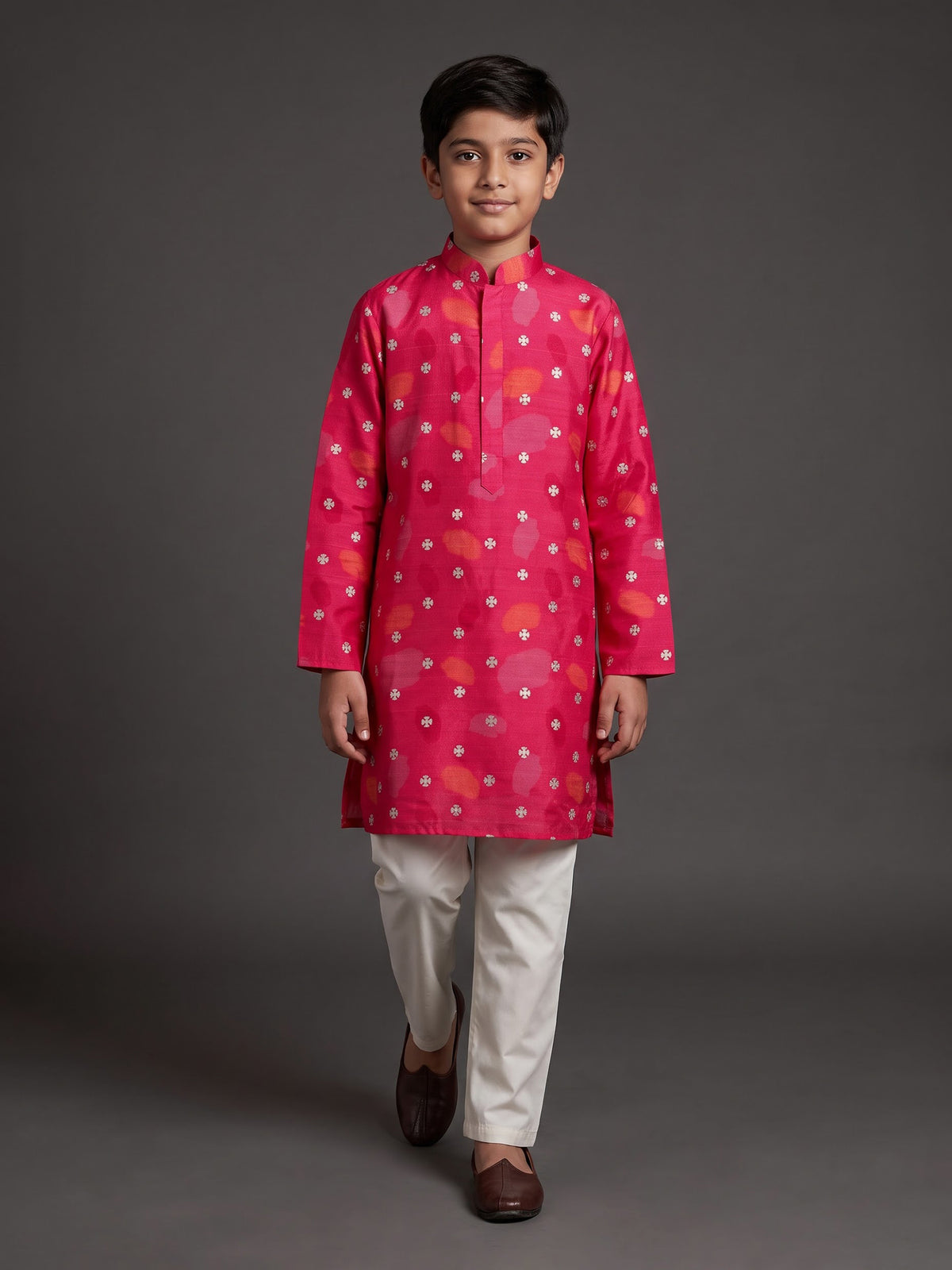 Hot pink boys raw silk kurta suit with elegant printed detailing