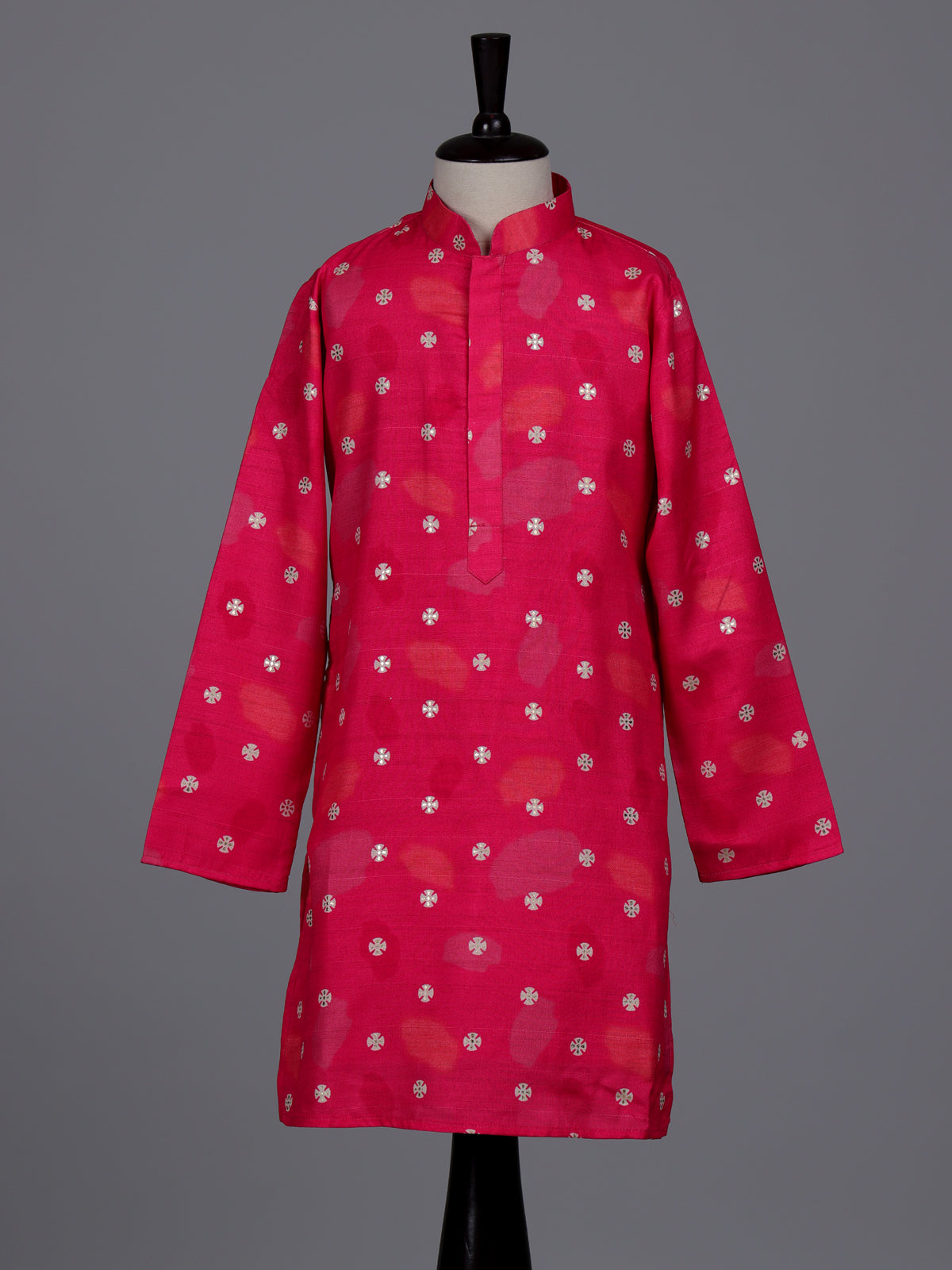 Hot pink boys raw silk kurta suit with elegant printed detailing