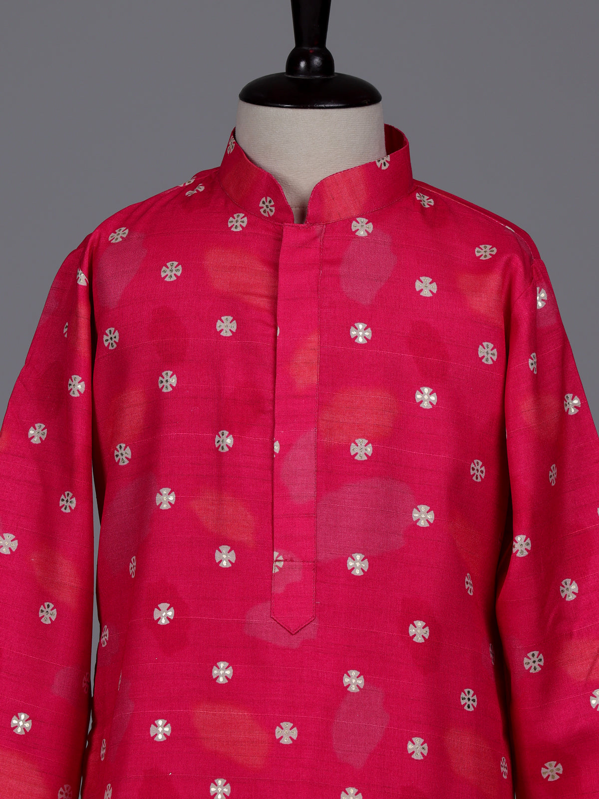 Hot pink boys raw silk kurta suit with elegant printed detailing