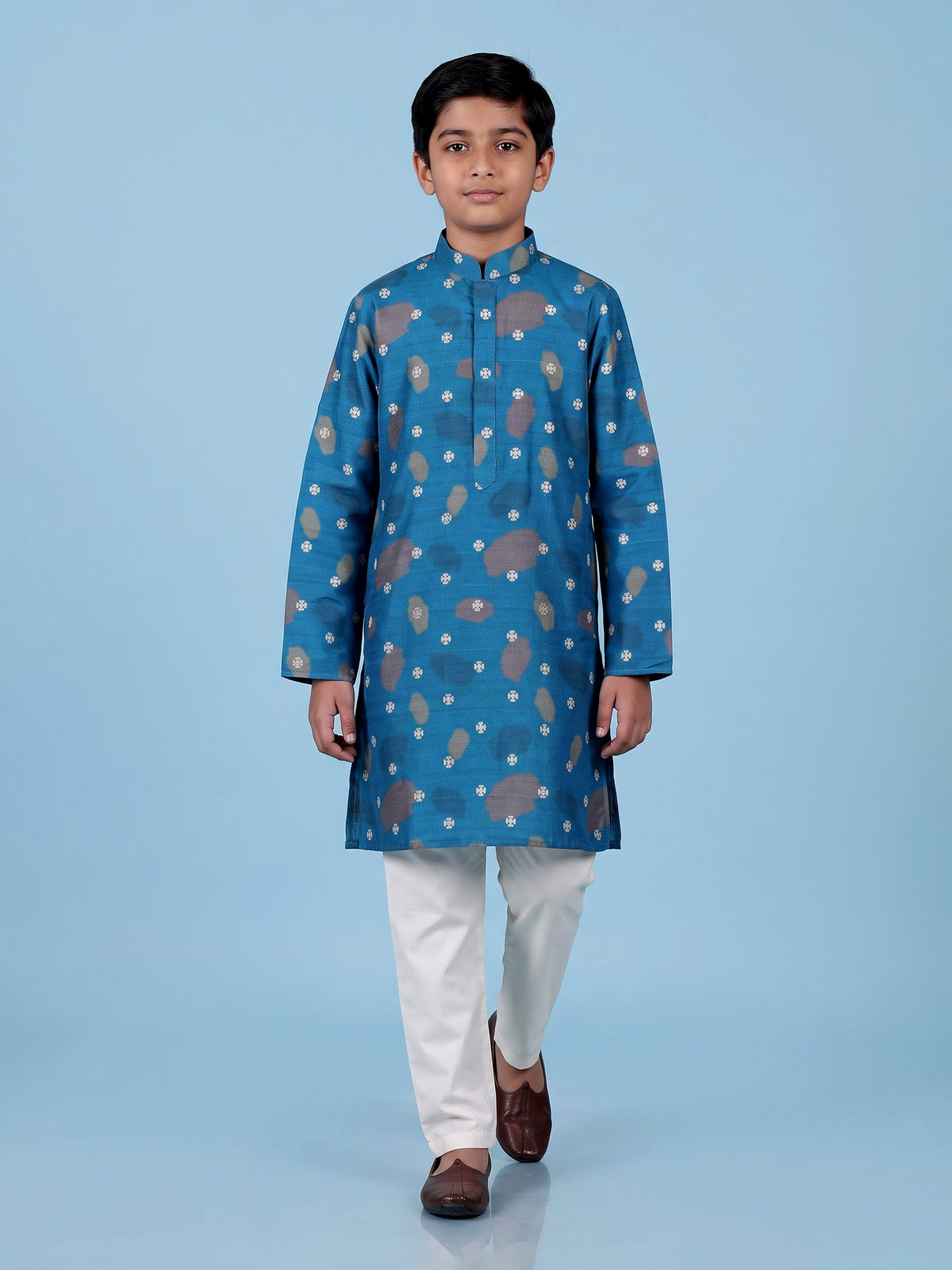 Blue boys raw silk kurta suit with sophisticated printed detailing
