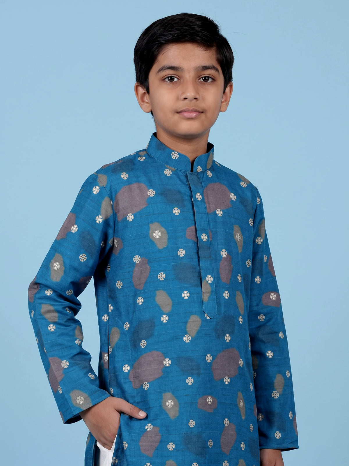Blue boys raw silk kurta suit with sophisticated printed detailing