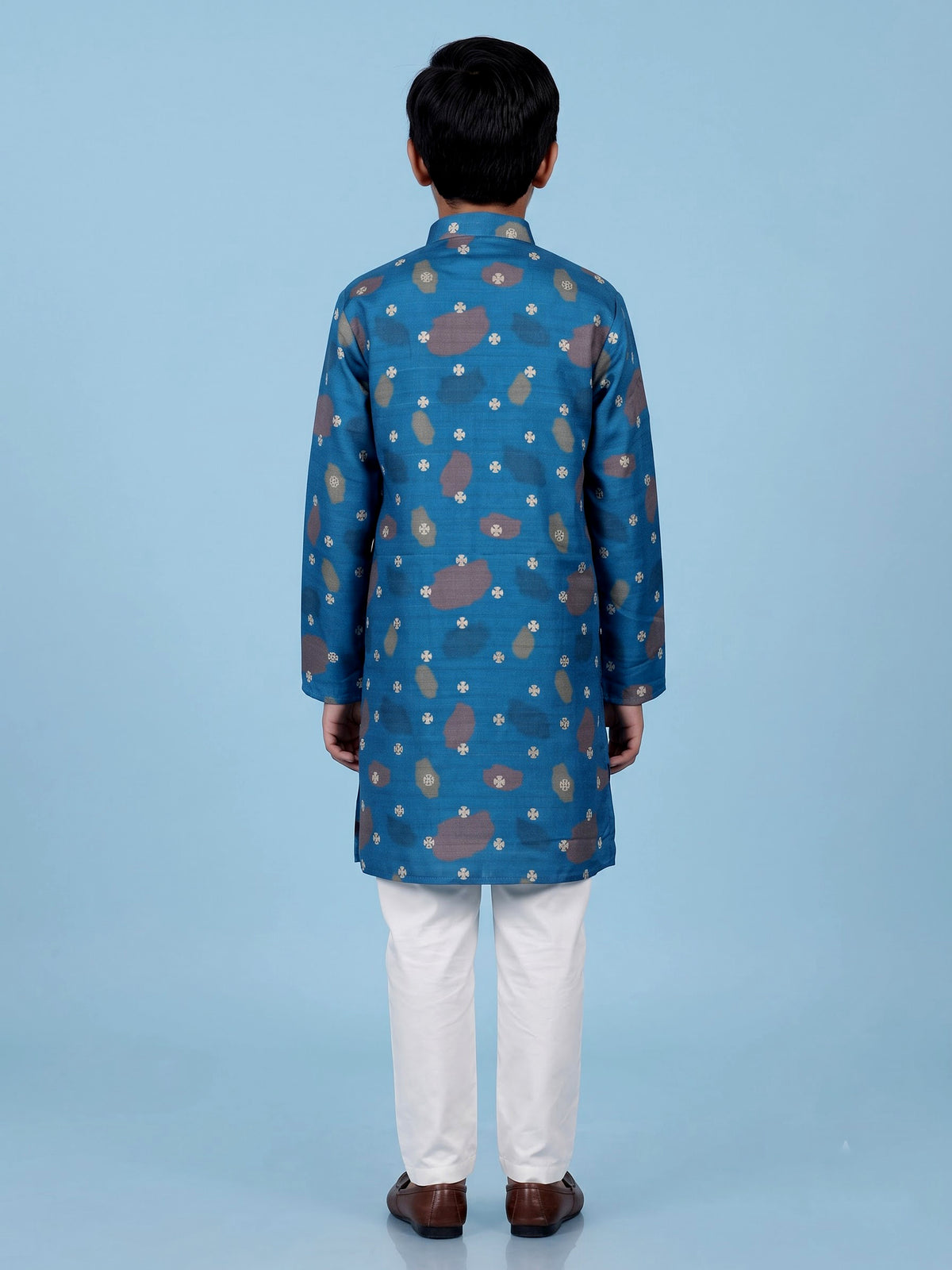 Blue boys raw silk kurta suit with sophisticated printed detailing