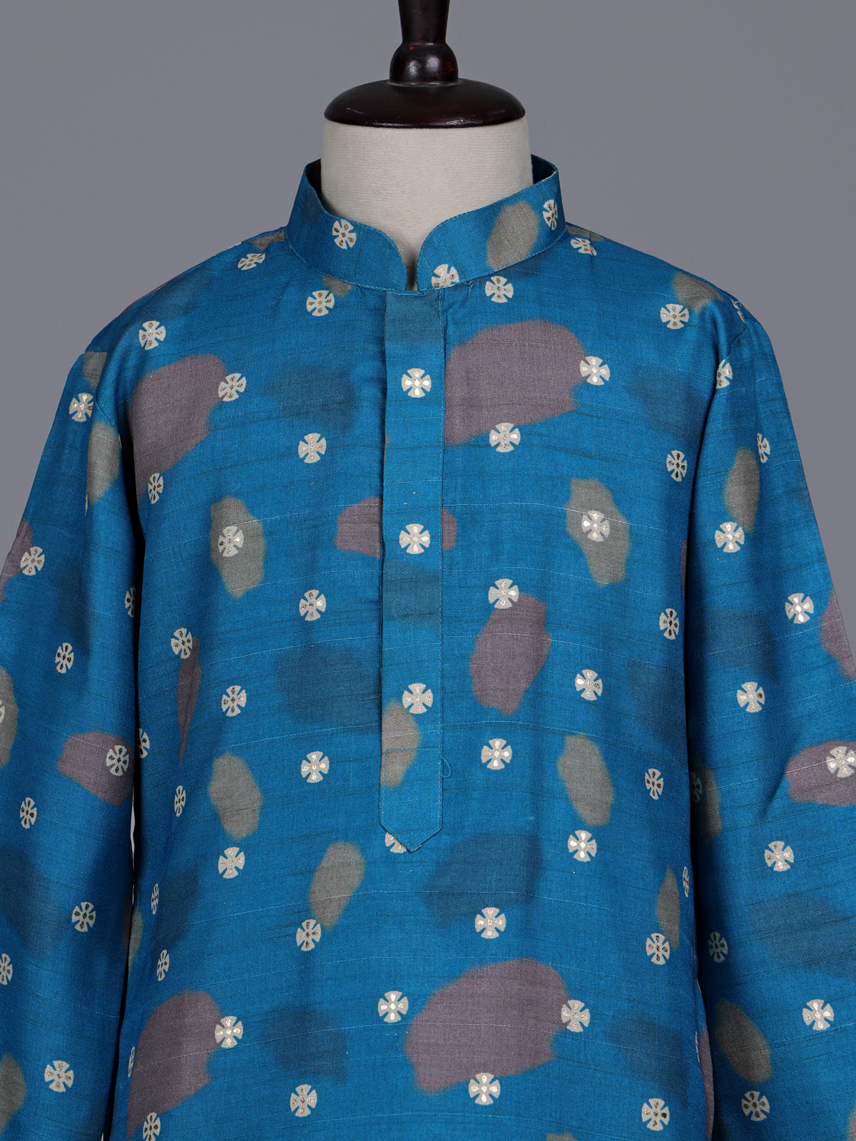 Blue boys raw silk kurta suit with sophisticated printed detailing