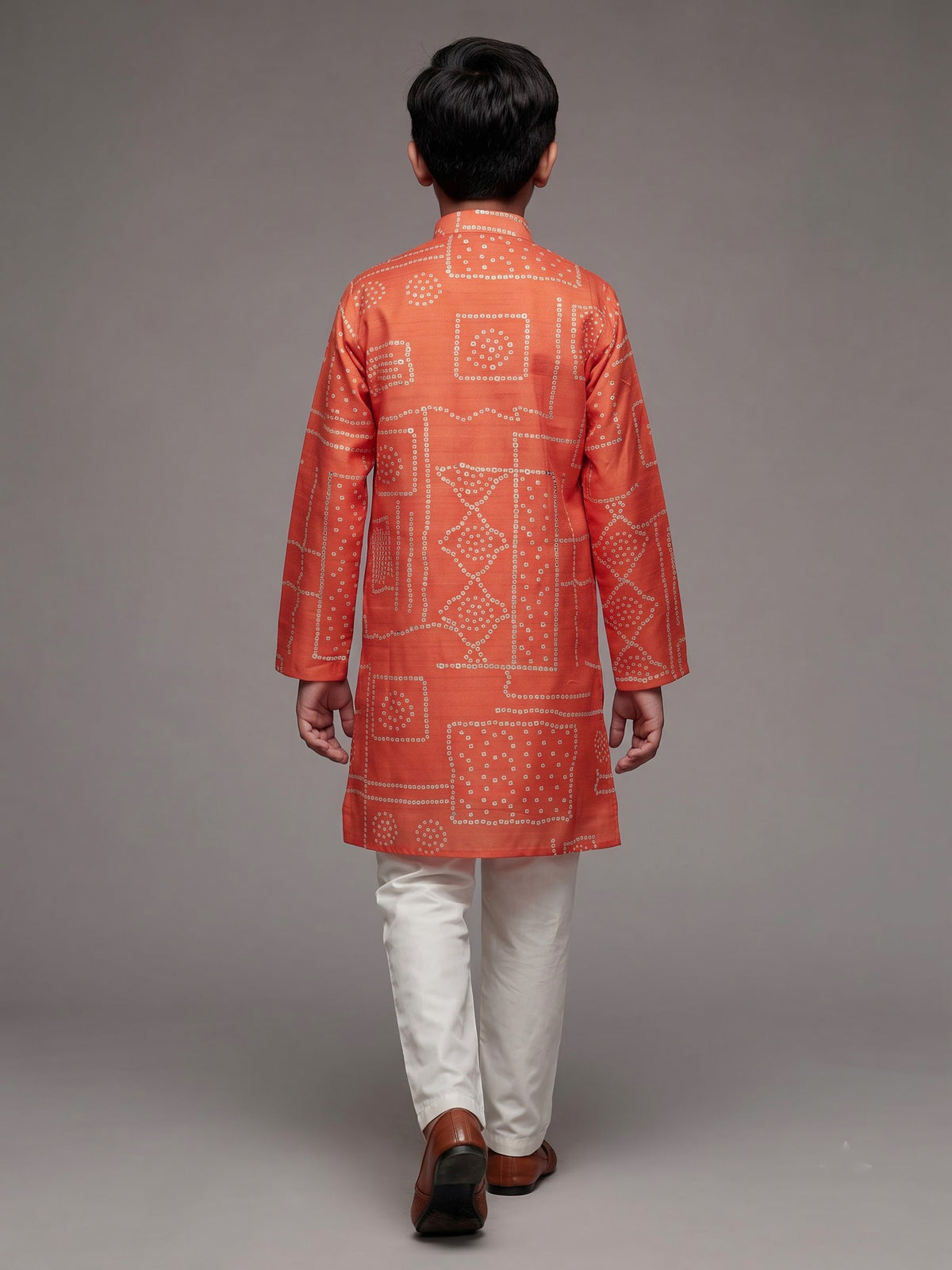 Orange boys raw silk kurta suit with traditional bandhani print