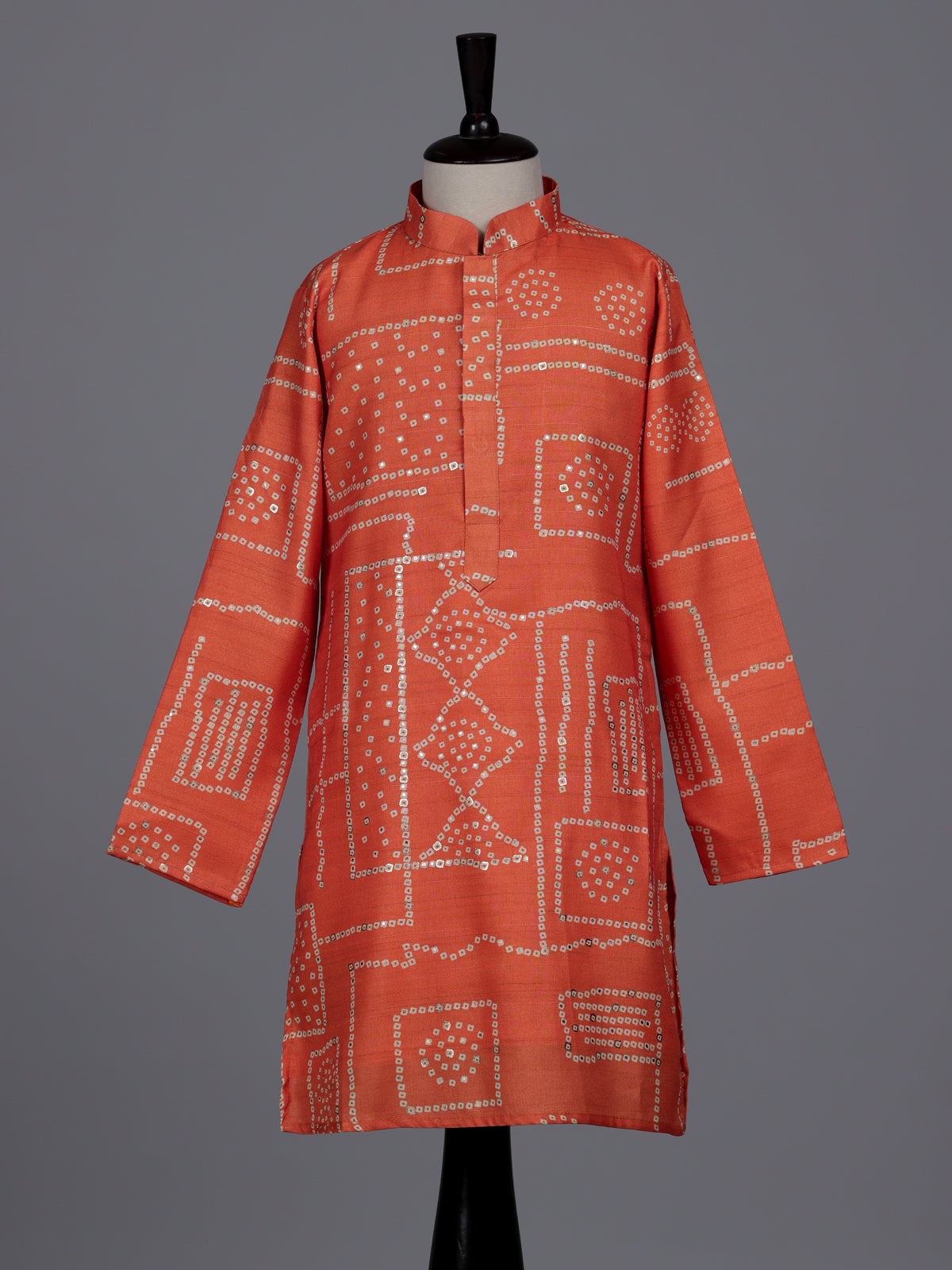 Orange boys raw silk kurta suit with traditional bandhani print