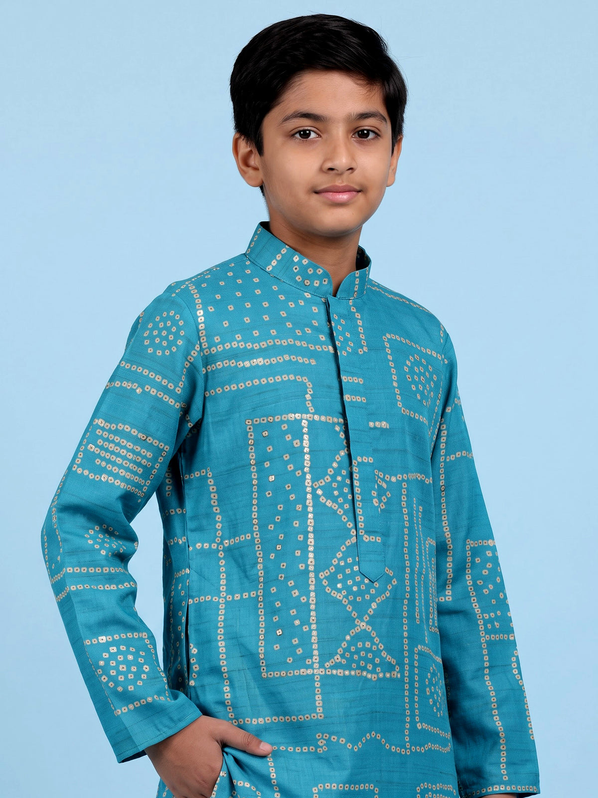 Aqua blue boys raw silk kurta suit with bandhani print