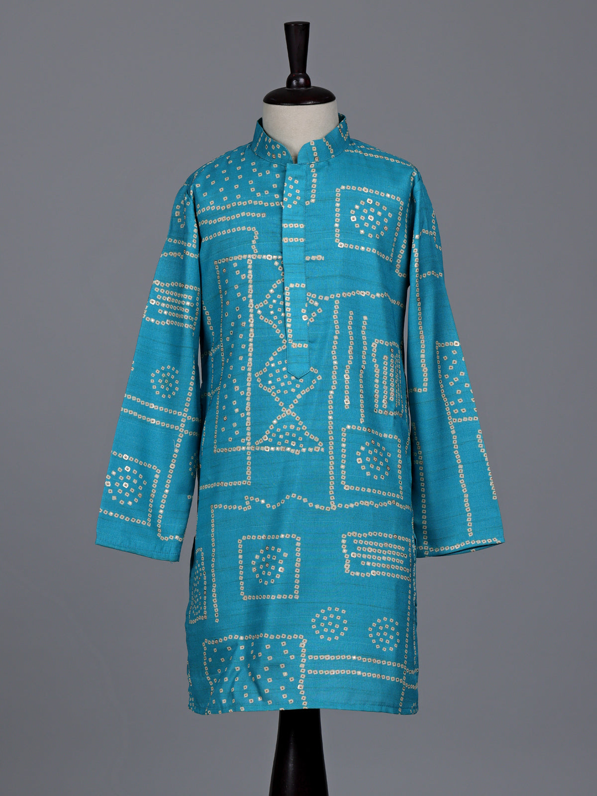 Aqua blue boys raw silk kurta suit with bandhani print