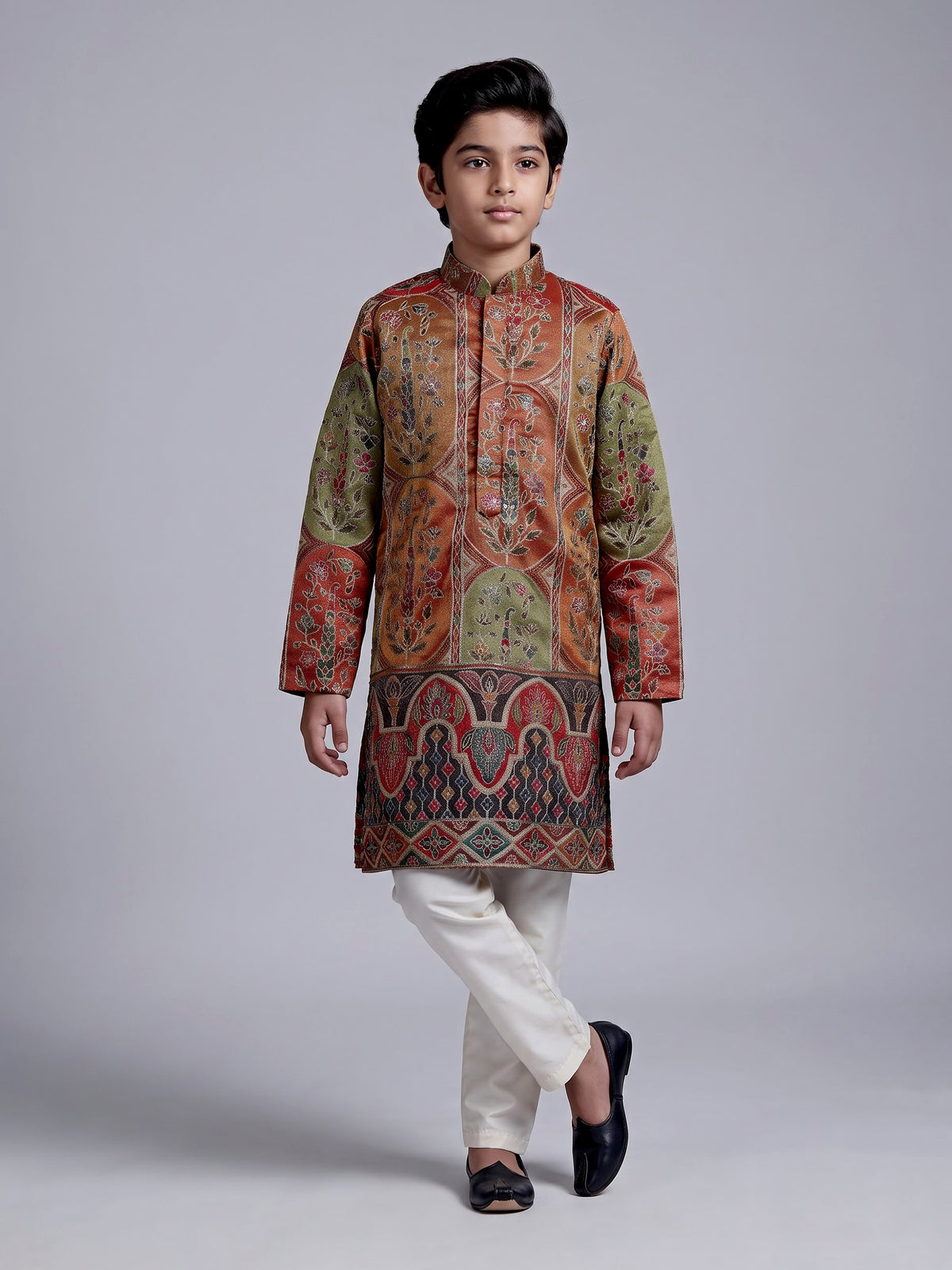 Multicolor boys Tussar silk kurta suit with thread work and sequins
