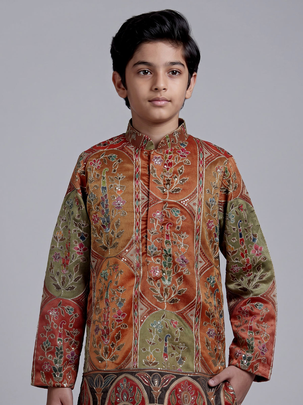 Multicolor boys Tussar silk kurta suit with thread work and sequins