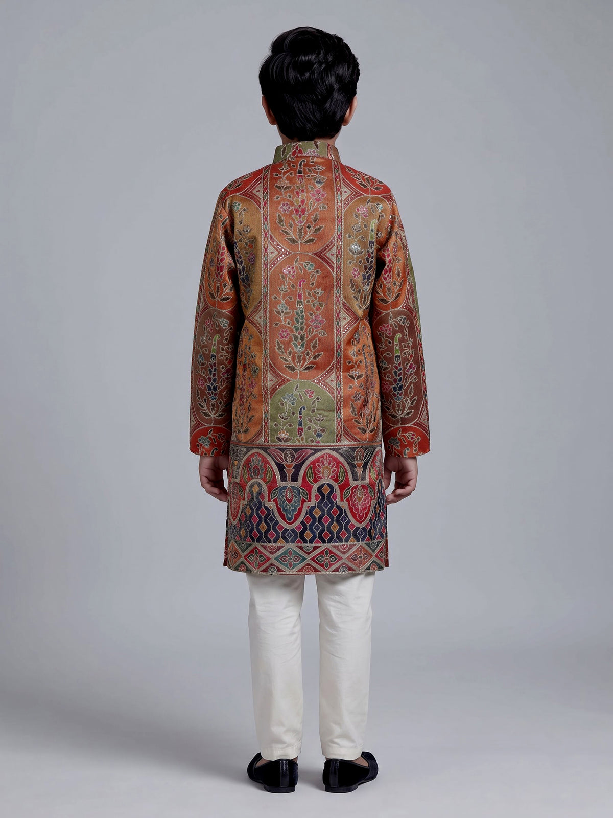 Multicolor boys Tussar silk kurta suit with thread work and sequins