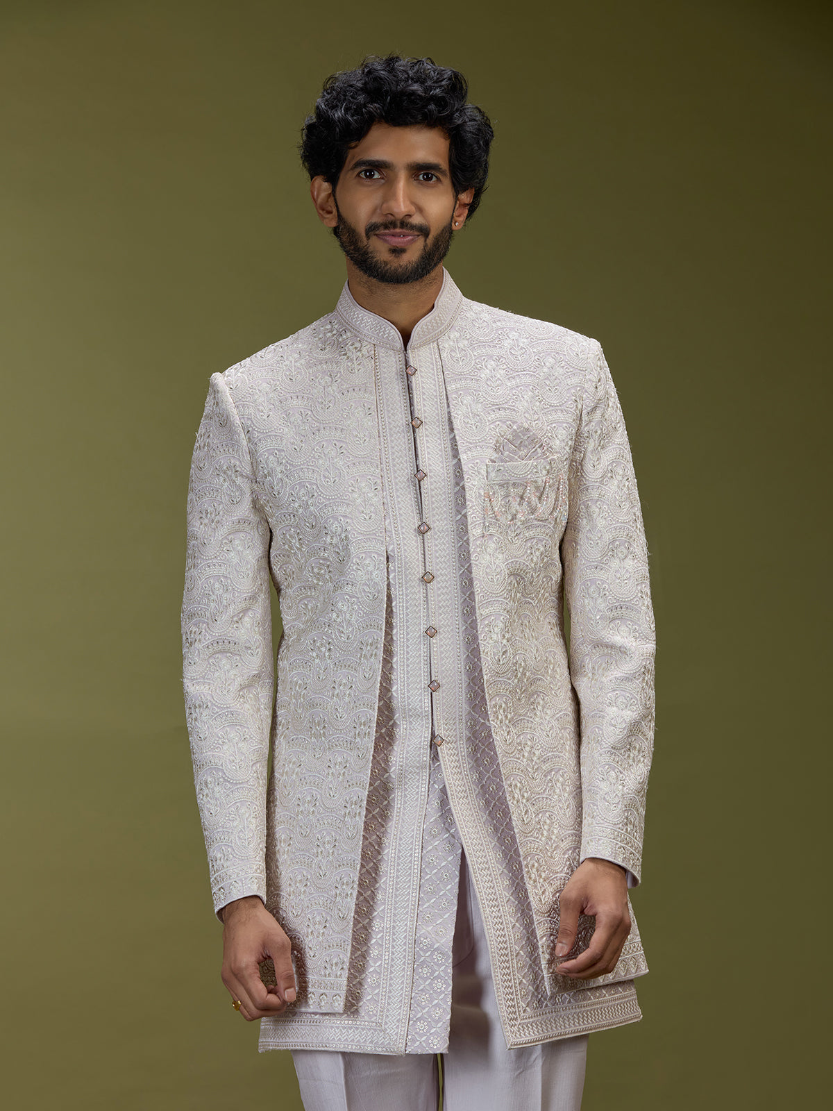 Lilac lavender premium jacquard men designer jacket indo western