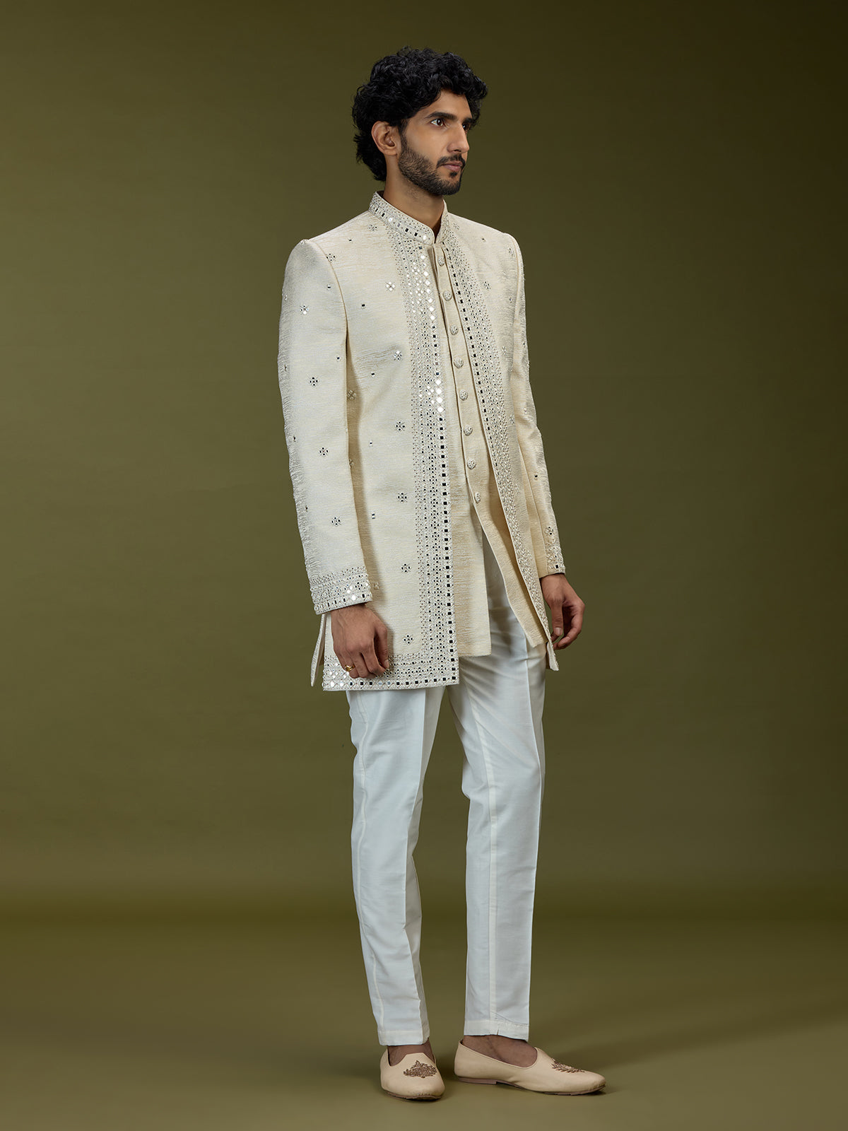 Cream exquisite jacquard men designer jacket indo western