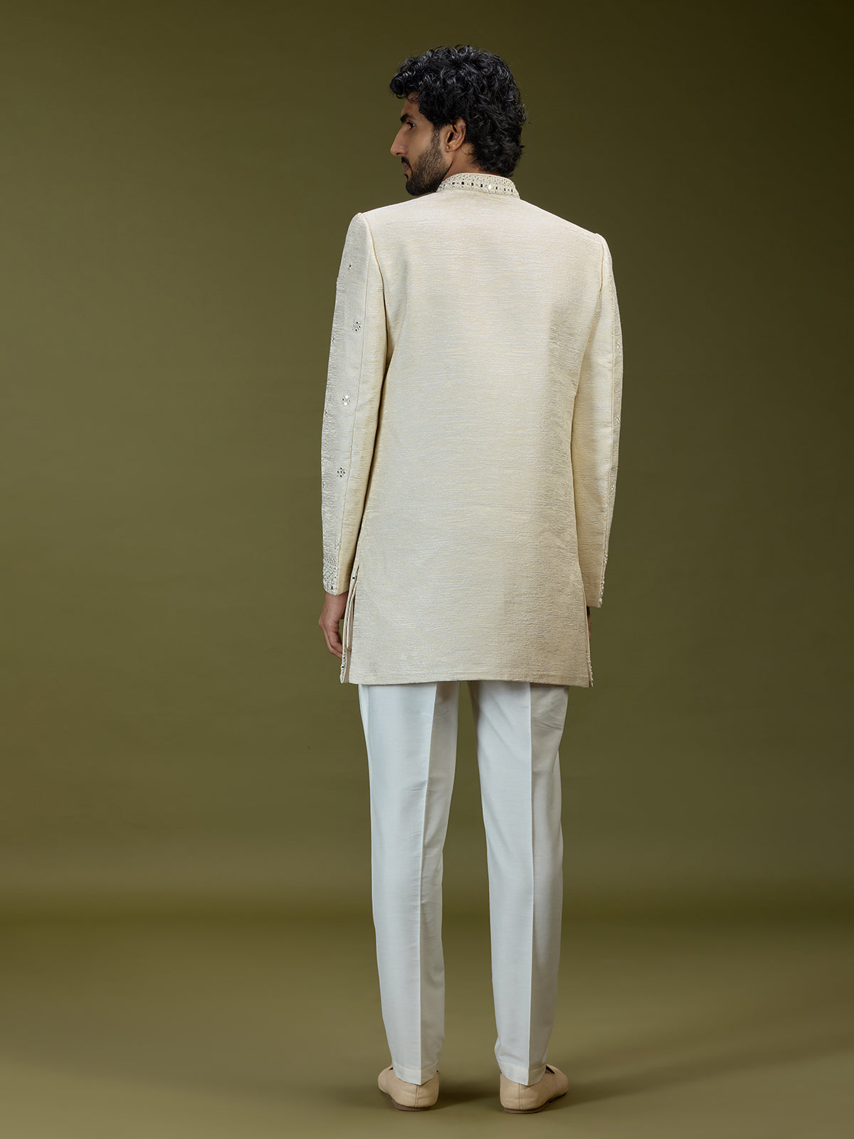 Cream exquisite jacquard men designer jacket indo western