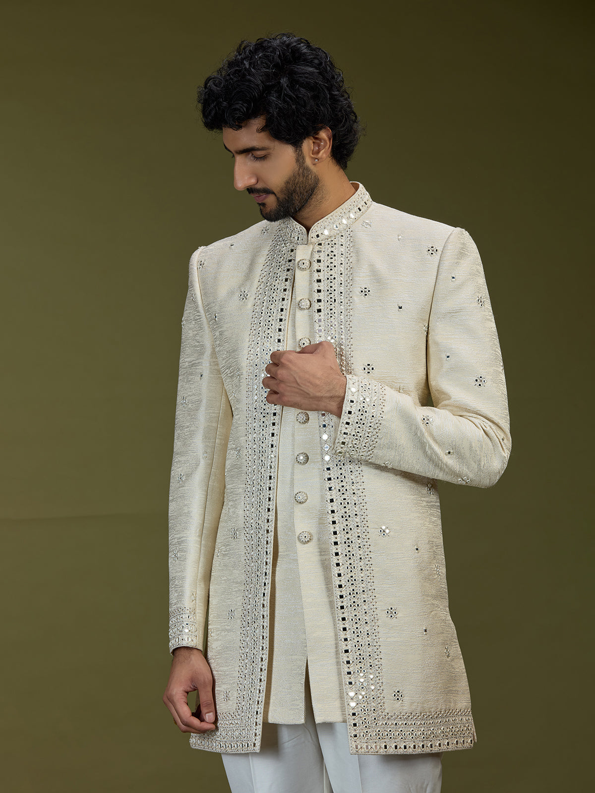 Cream exquisite jacquard men designer jacket indo western