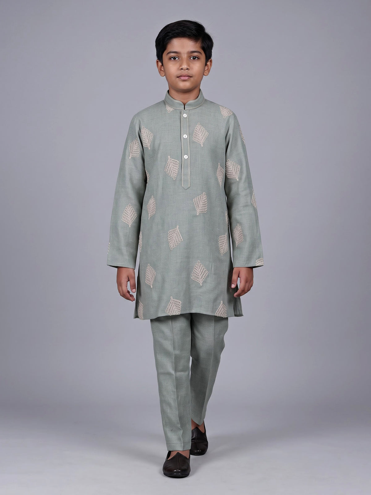Pista green boys cotton linen kurta suit with thread work