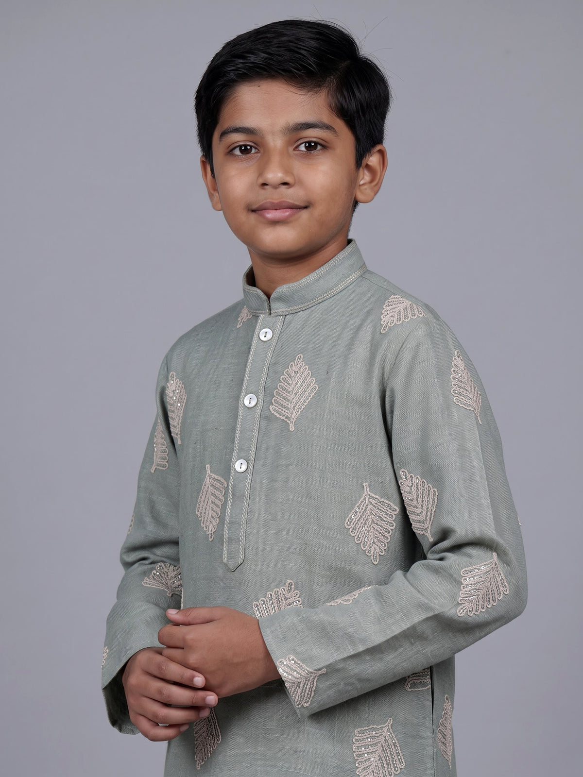 Pista green boys cotton linen kurta suit with thread work